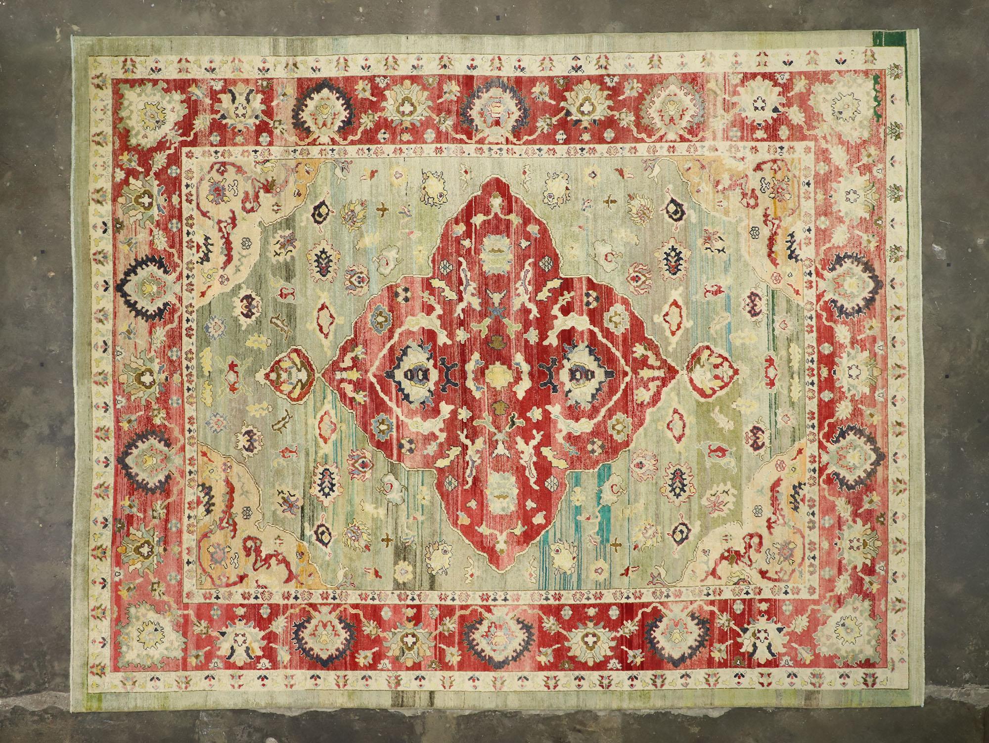 Contemporary Turkish Oushak Rug Repurposed from Antique Wool Kilim For Sale