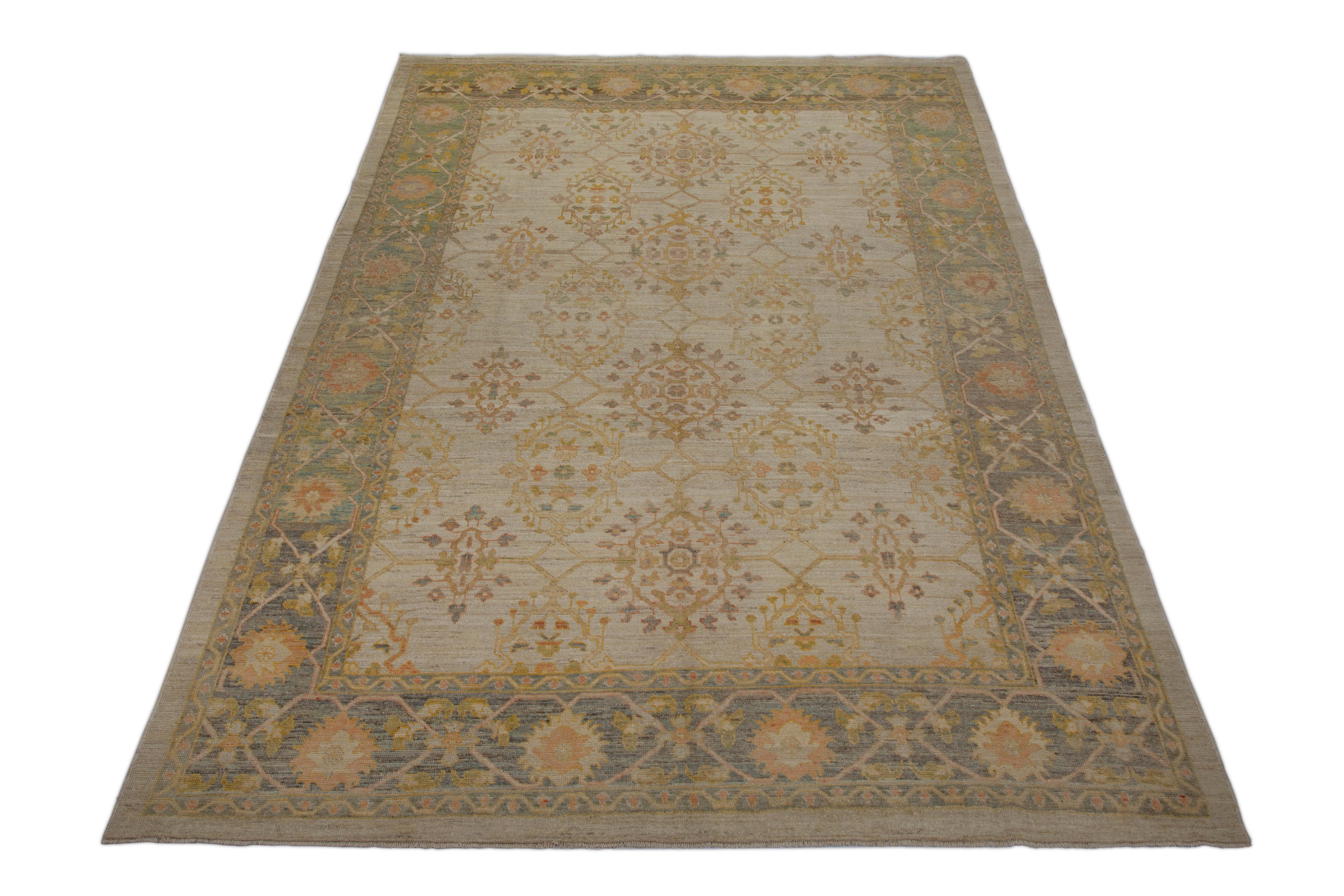 Wool  Contemporary Turkish Oushak Rug with Floral Medallions in Brown and Beige For Sale