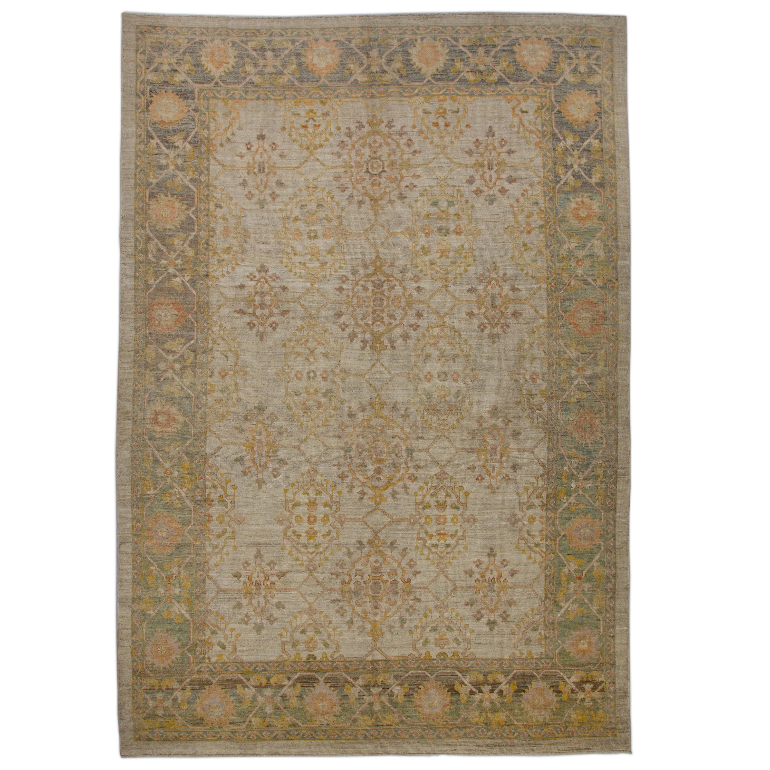  Contemporary Turkish Oushak Rug with Floral Medallions in Brown and Beige For Sale