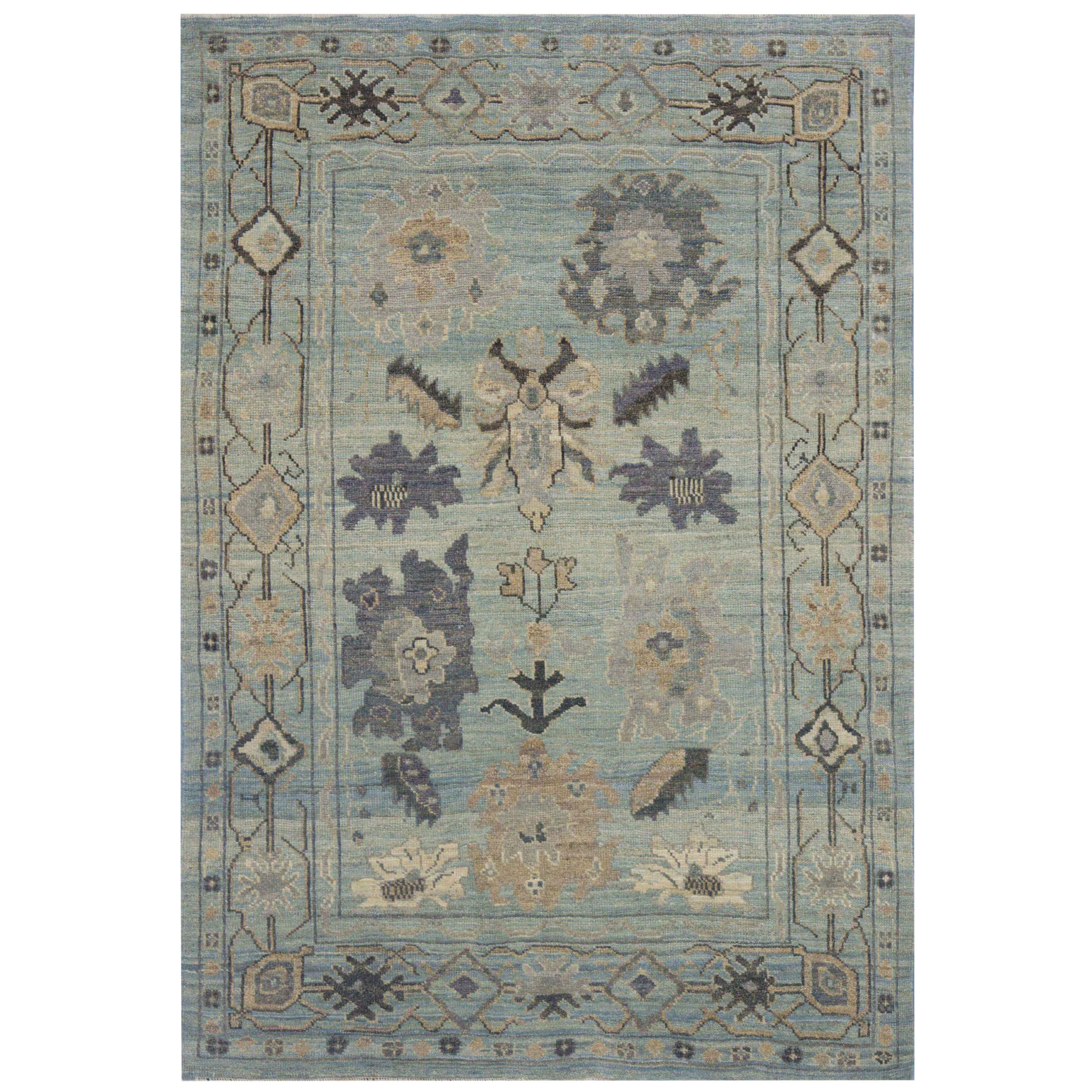 Contemporary Turkish Oushak Rug with Gray and Beige Flower Medallions For Sale