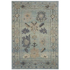 Contemporary Turkish Oushak Rug with Gray and Beige Flower Medallions