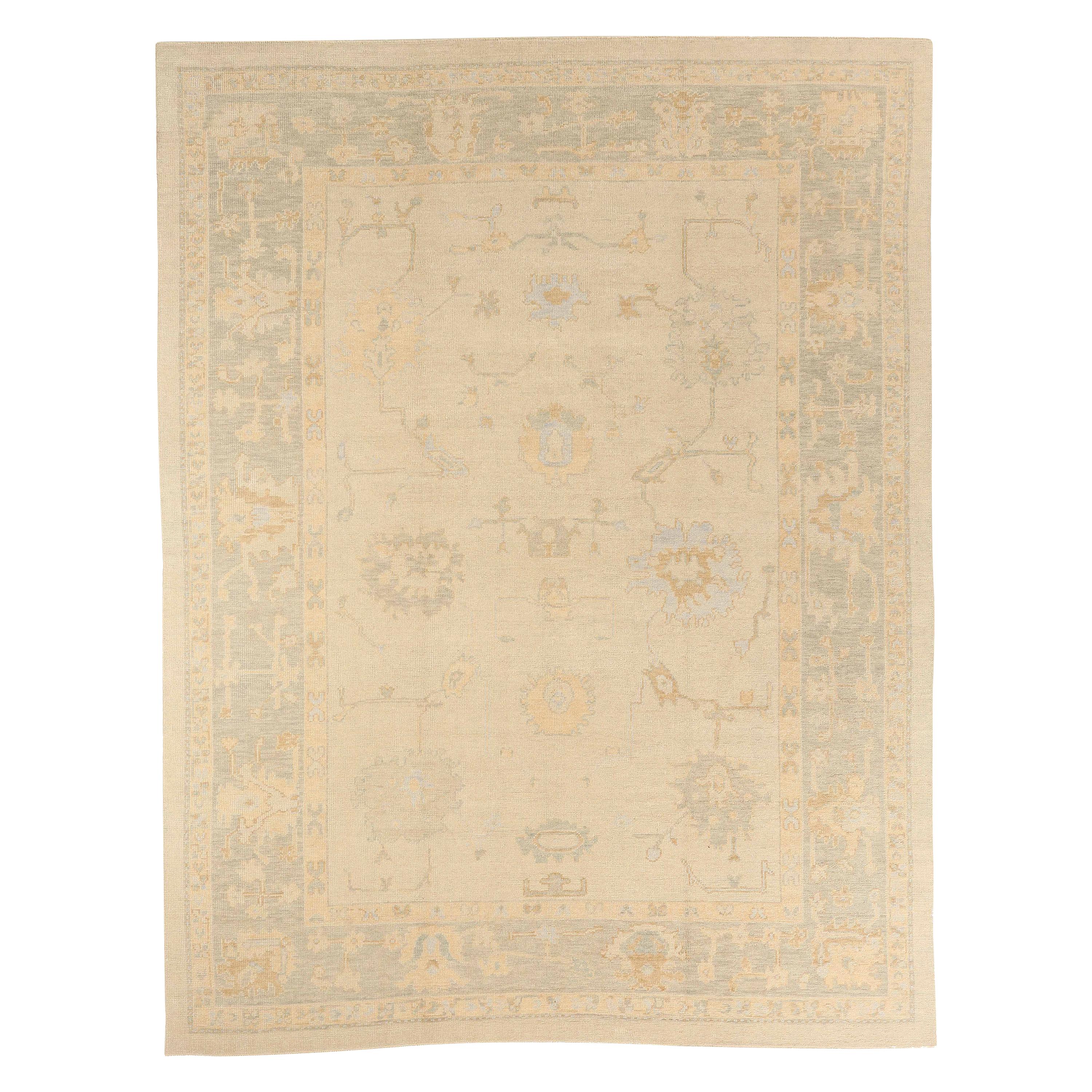 Contemporary Turkish Oushak Rug with Gray and Brown Floral Details