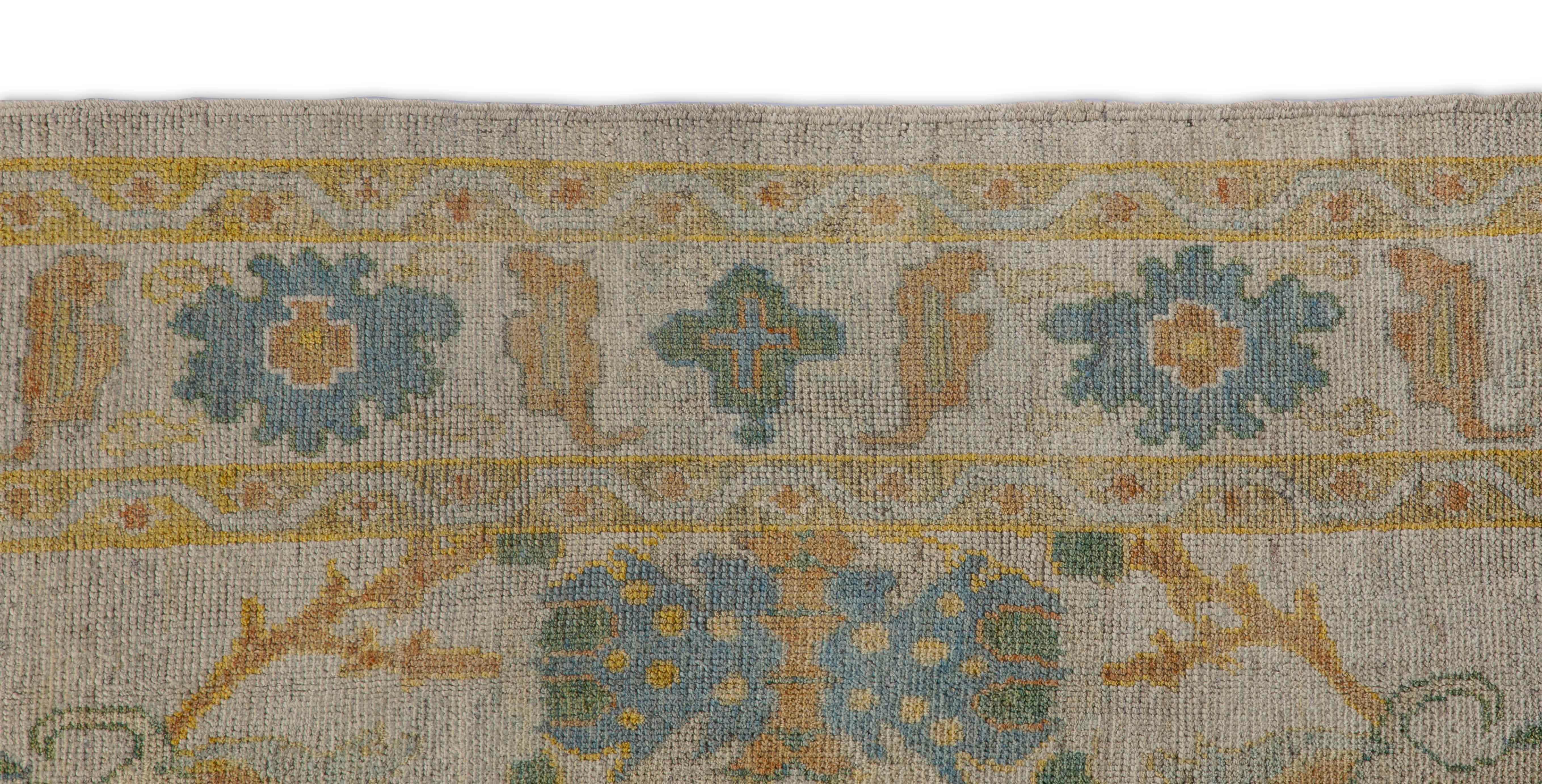 Laine Tapis turc contemporain Oushak à motifs floraux verts et bleus en vente