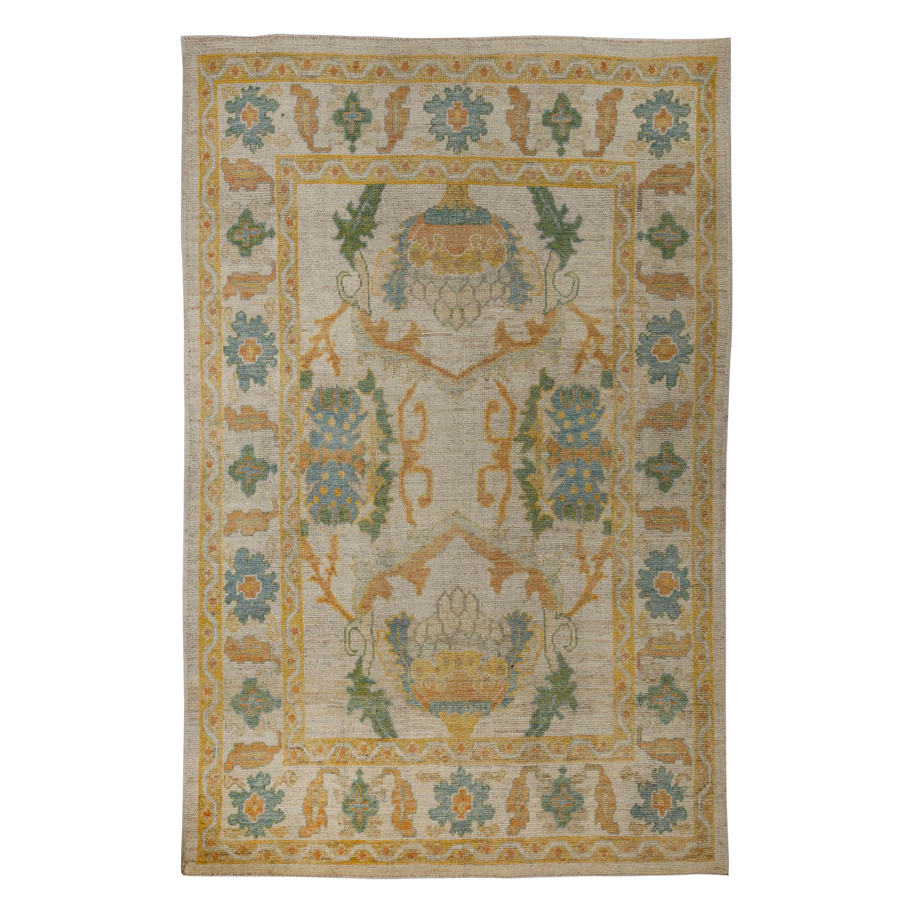 Contemporary Turkish Oushak Rug with Green and Blue Floral Design For Sale