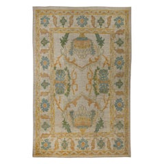 Tapis turc contemporain Oushak à motifs floraux verts et bleus