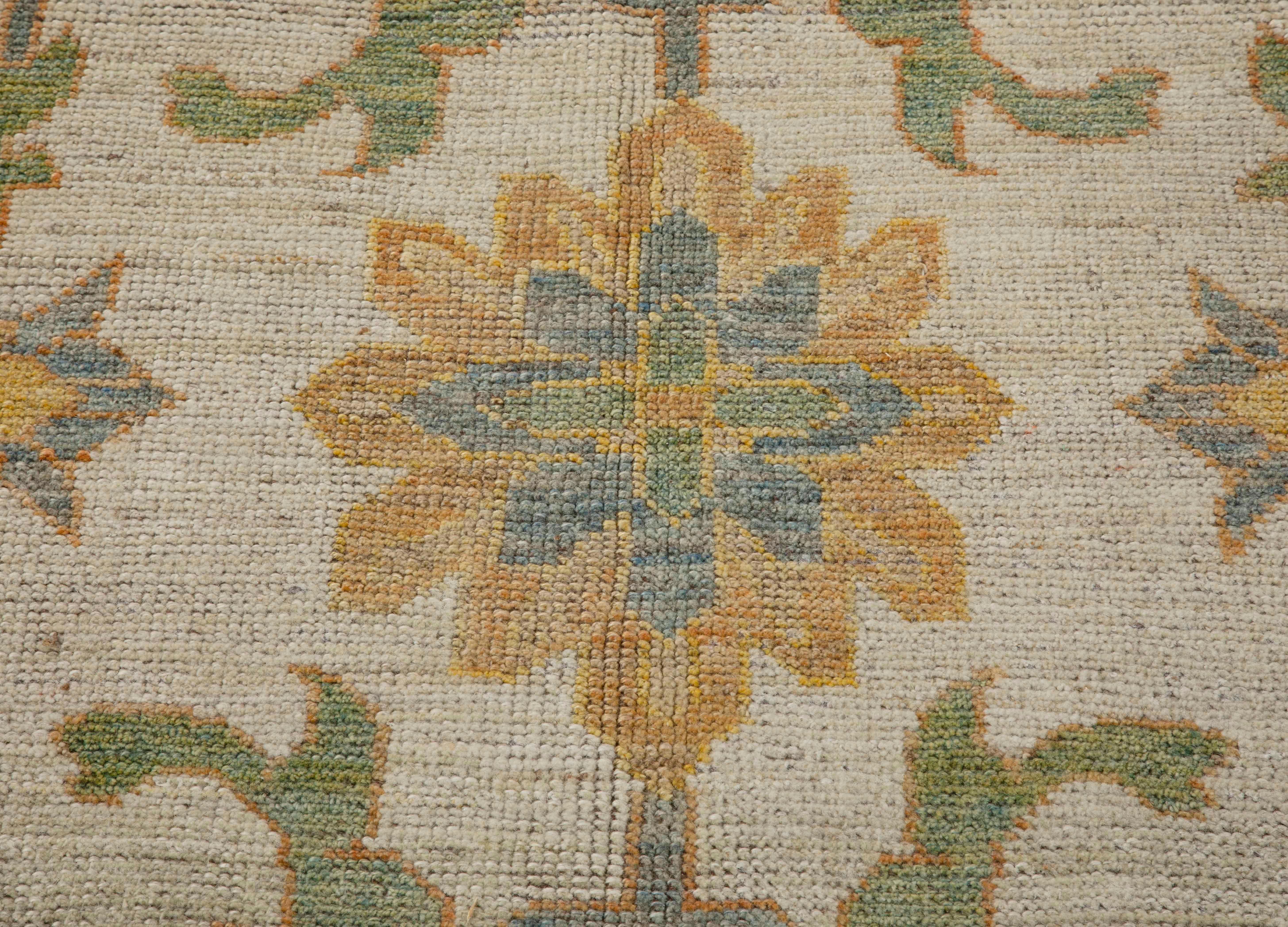 Contemporary Turkish Oushak Rug with Green and Blue Floral Patterns In New Condition For Sale In Dallas, TX