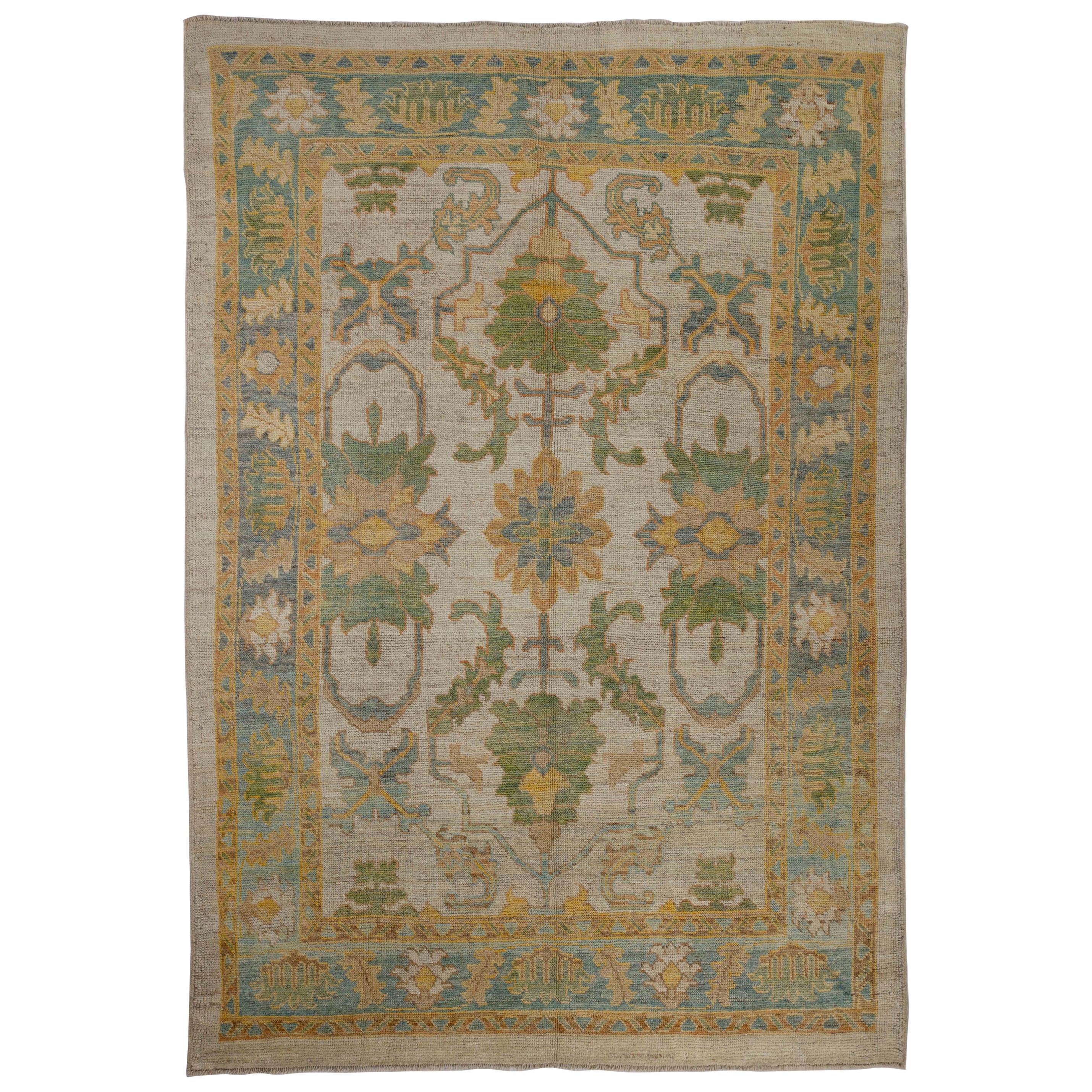 Contemporary Turkish Oushak Rug with Green and Blue Floral Patterns