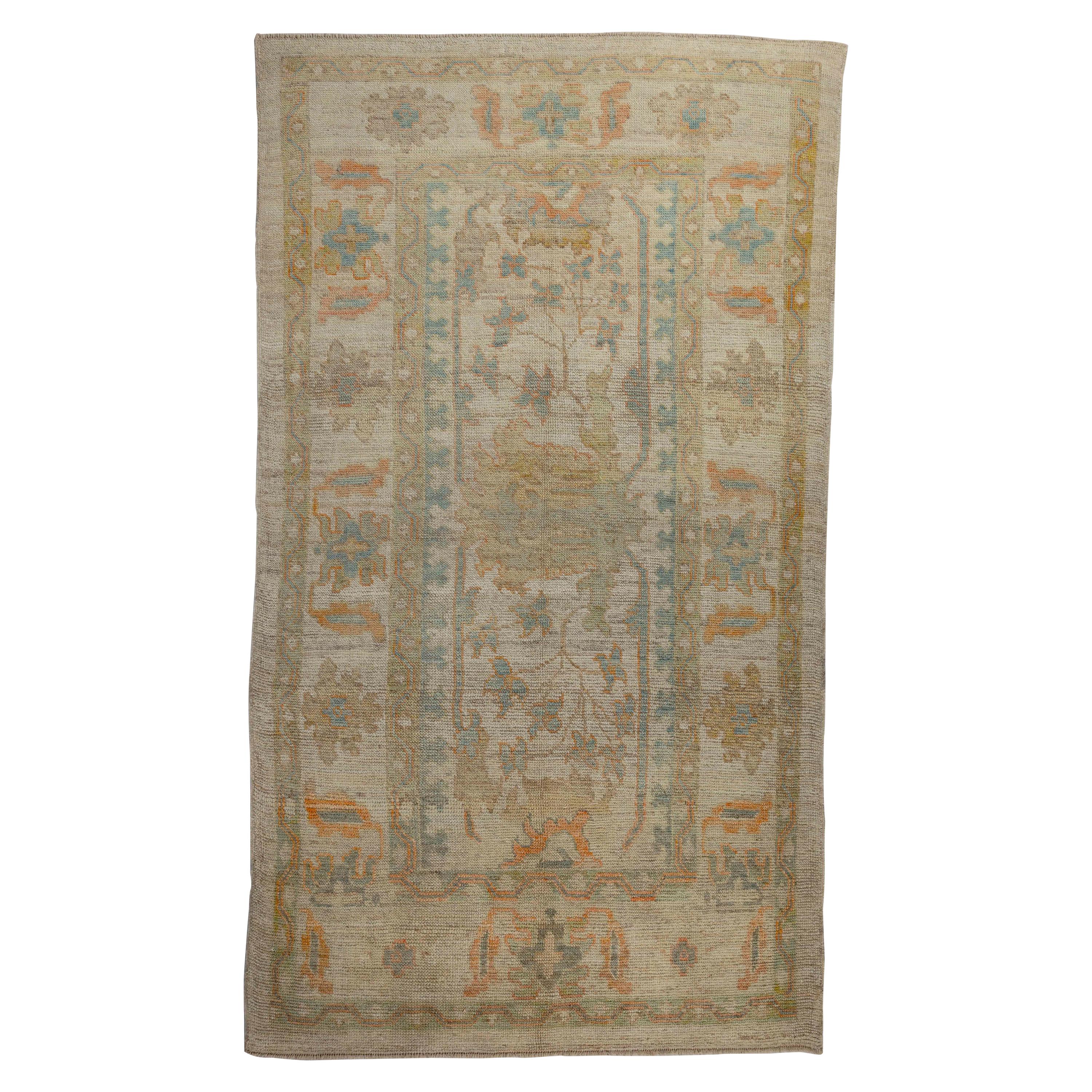 Contemporary Turkish Oushak Rug with Large Flower Head on Center Field For Sale
