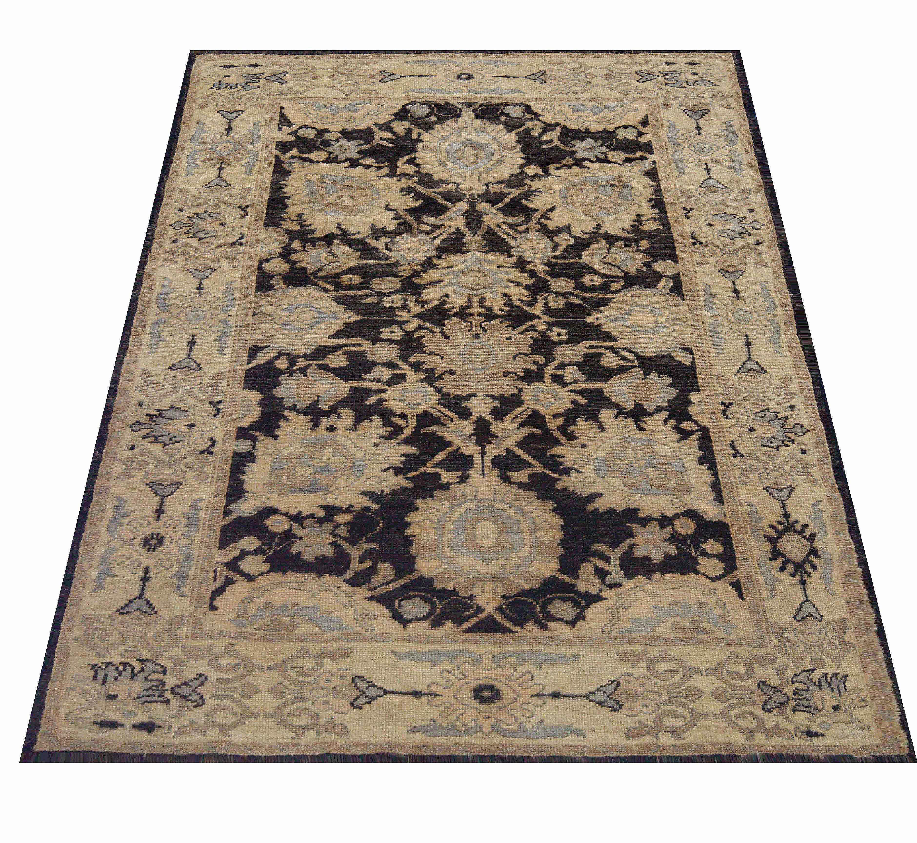 Hand-Woven Contemporary Turkish Oushak Rug with Mixed Beige, Black and Gray Floral Details For Sale