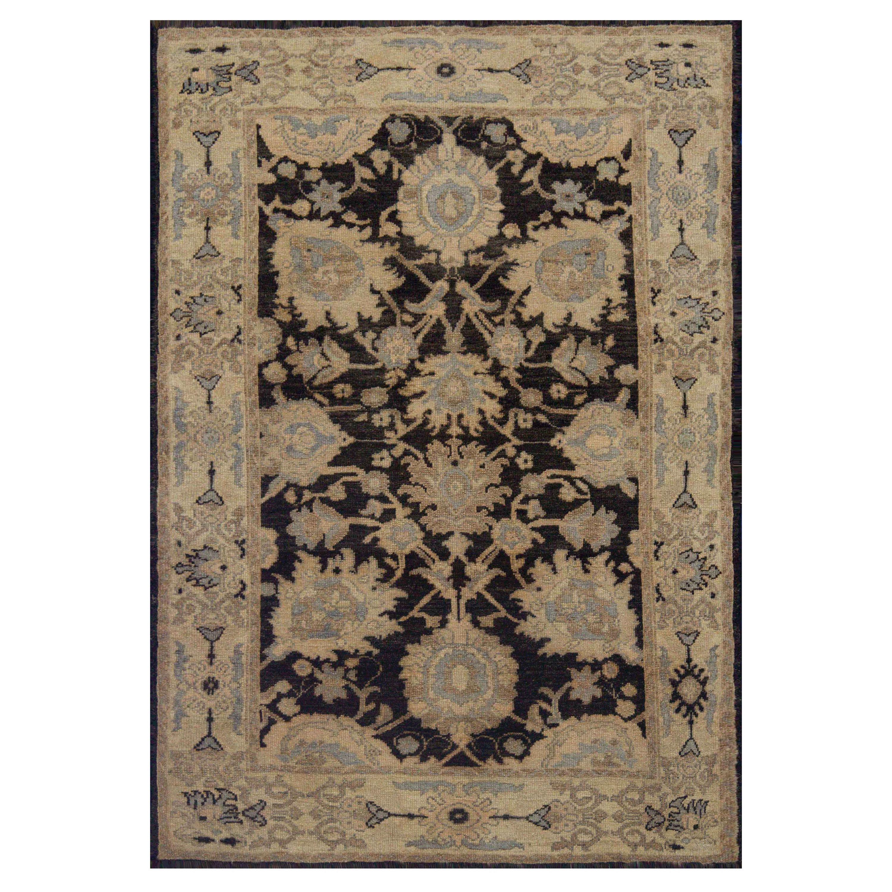 Contemporary Turkish Oushak Rug with Mixed Beige, Black and Gray Floral Details