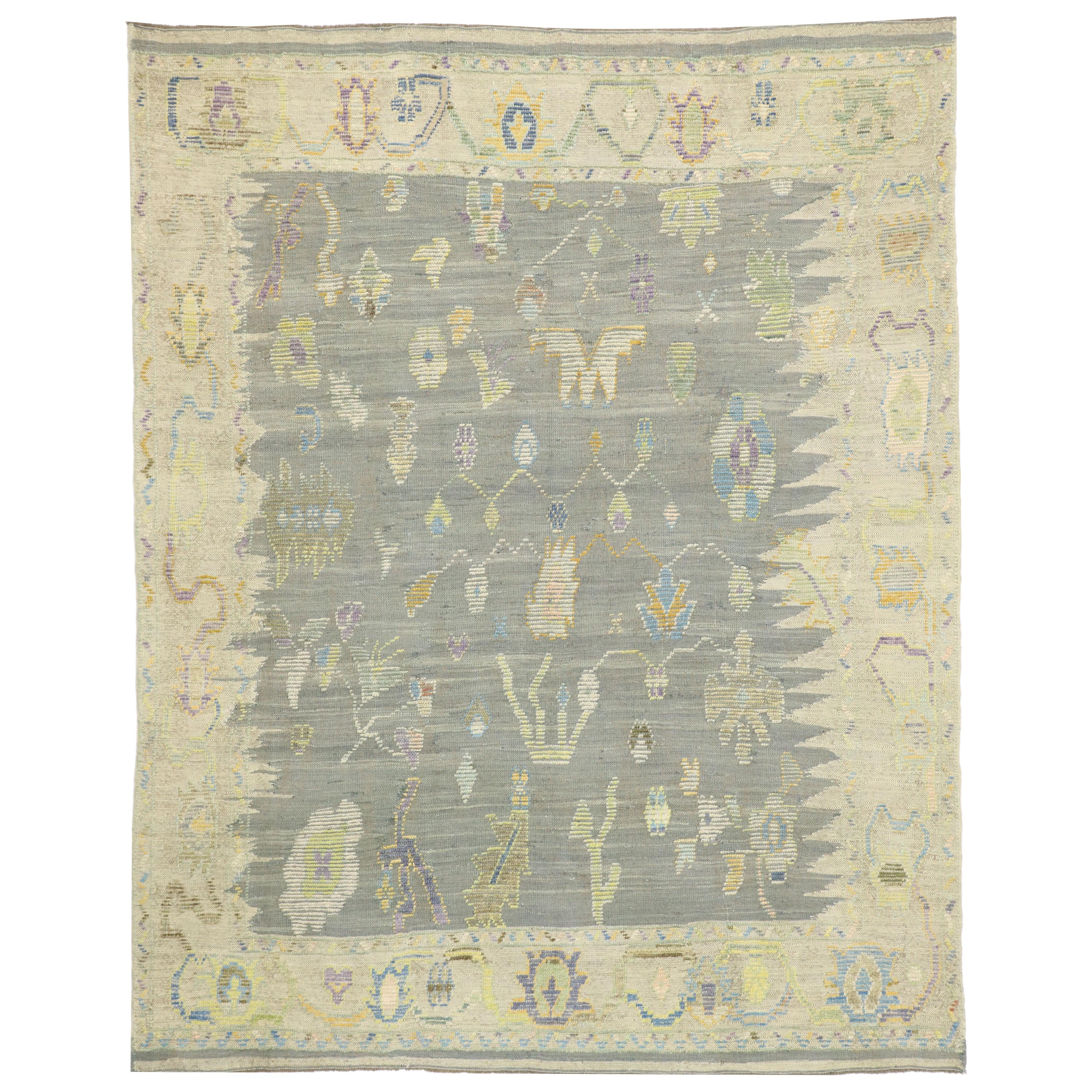 Colorful Pastel Oushak High-Low Turkish Rug with Modern Style For Sale