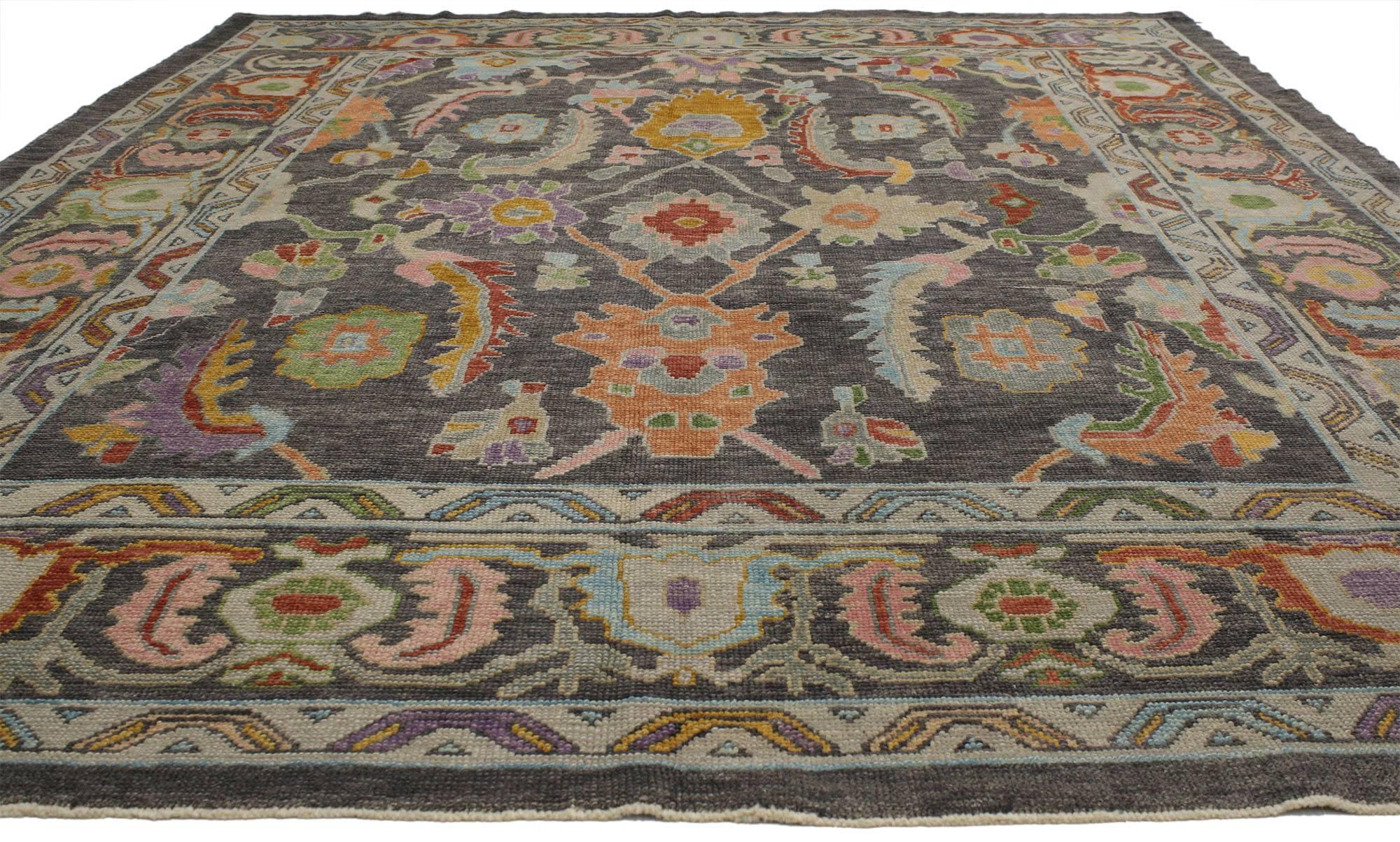 52242 Contemporary Turkish Oushak rug with Modern Style 09.06 x 12.04. This Contemporary Turkish Oushak rug with Modern Style blooms with a garden of geometric flowers and angular vines in a lush design of botehs and palmettes with pattern