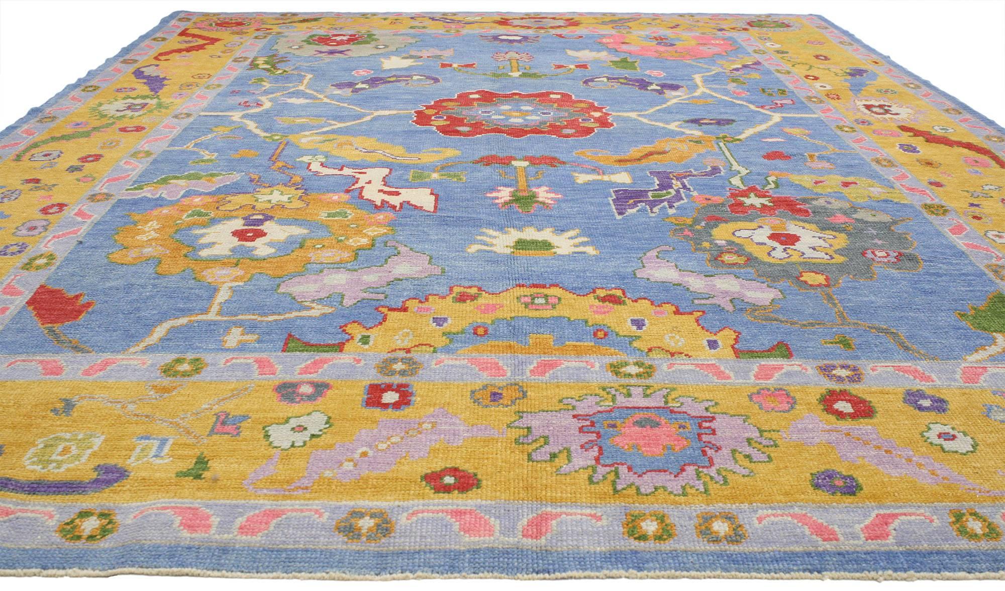 52232, contemporary Turkish Oushak rug with modern style. This contemporary Turkish Oushak rug with modern style is a pleasant surprise for those who waver between traditional and modern taste. This vibrant Oushak rug features large-scale abstract