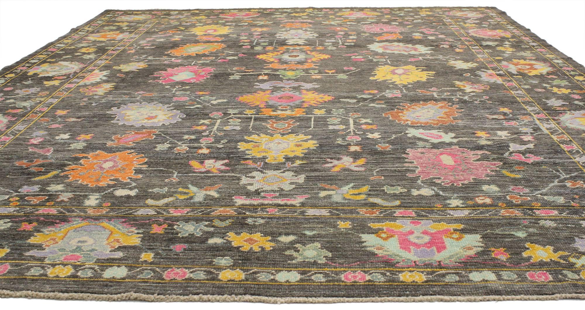 52218, Colorful Contemporary Turkish Oushak Rug with Modern Style. This gorgeous contemporary Turkish Oushak rug with modern style rug features variegated shades of magenta, hot pink, persimmon, tangerine, pistachio, cerulean, yellow, light
