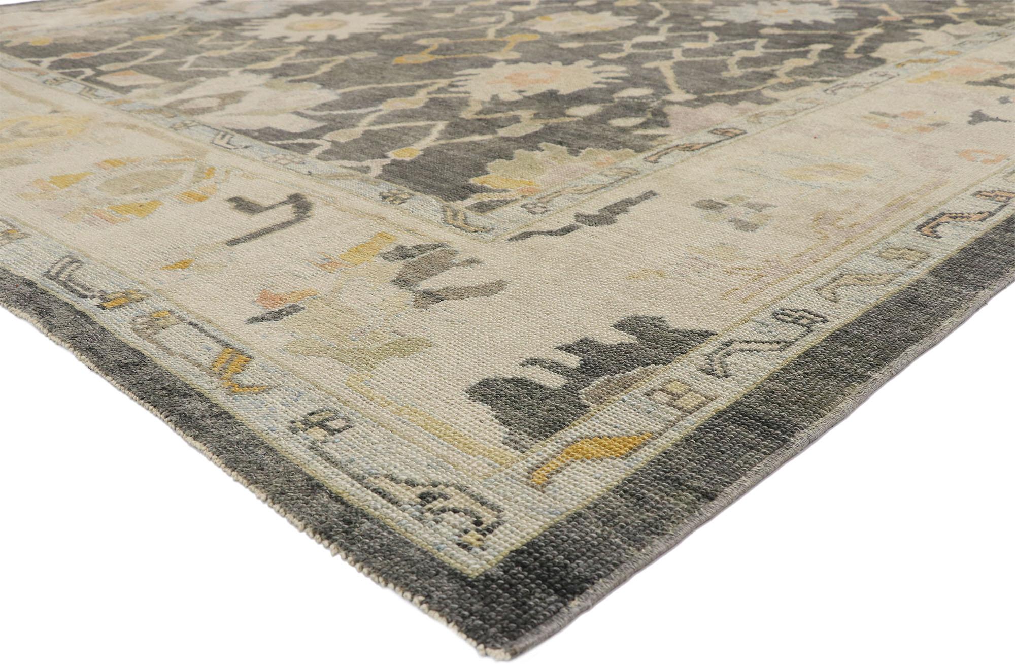 52643, contemporary Turkish Oushak rug with Modernist neoclassic Chippendale style. This hand knotted wool contemporary Turkish Oushak rug features an asymmetrical lattice design dotted with large-scale palmettes and organic shapes. It is enclosed