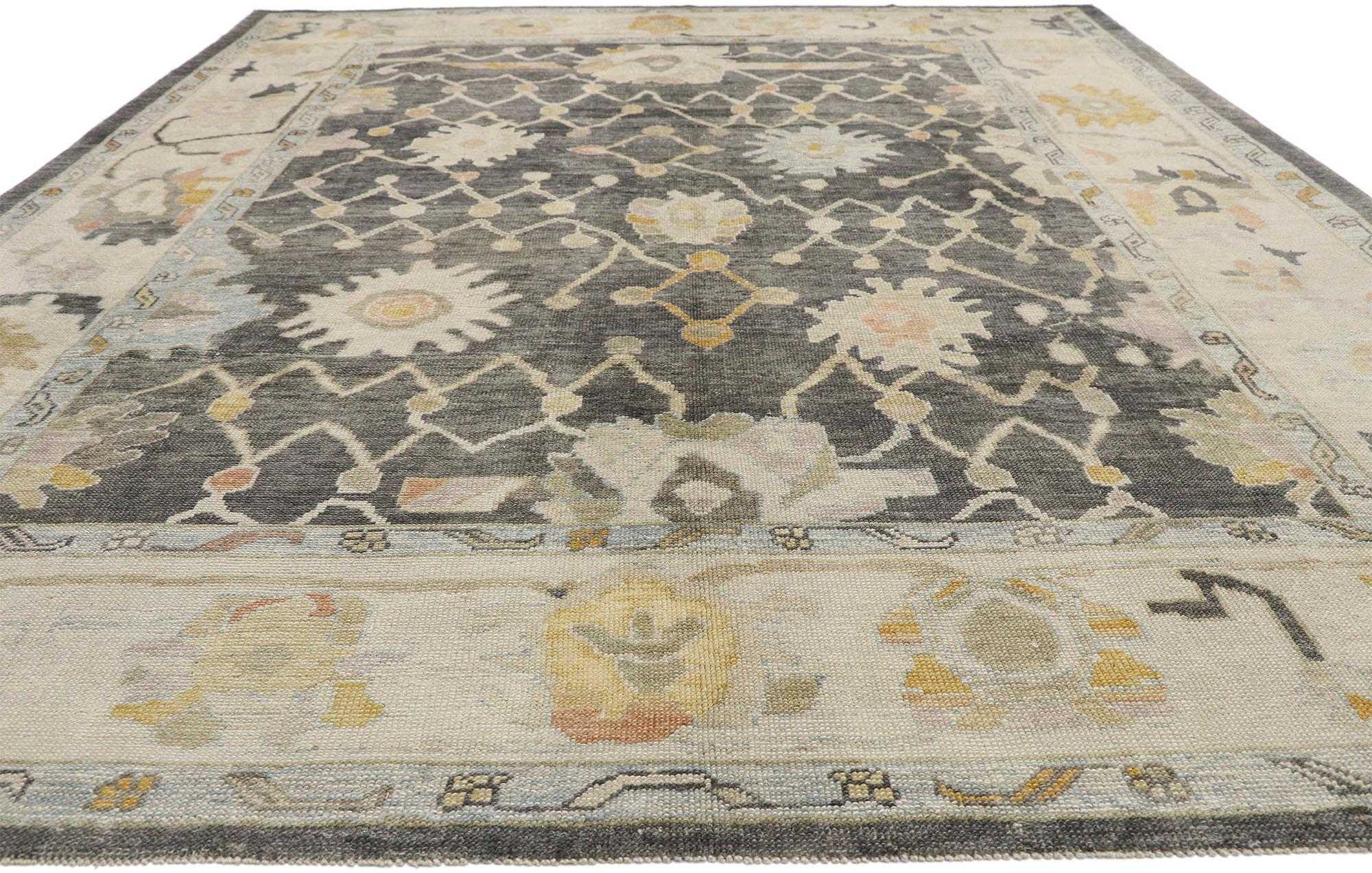 Hand-Knotted Contemporary Turkish Oushak Rug with Modernist Neoclassic Chippendale Style For Sale