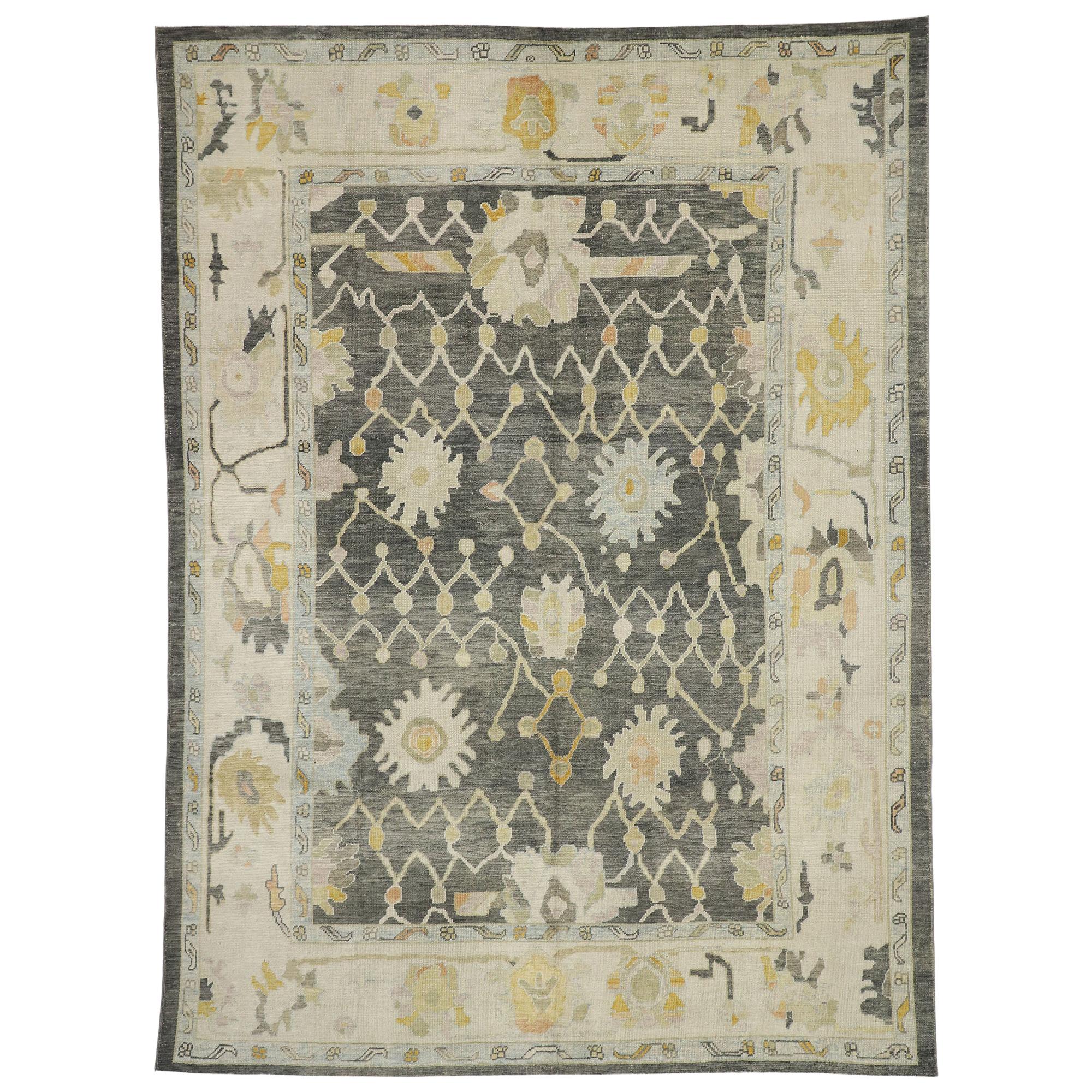 Contemporary Turkish Oushak Rug with Modernist Neoclassic Chippendale Style For Sale