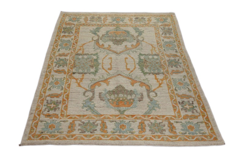 Contemporary Turkish Oushak Rug with Orange and Green Floral Patterns For Sale at 1stDibs