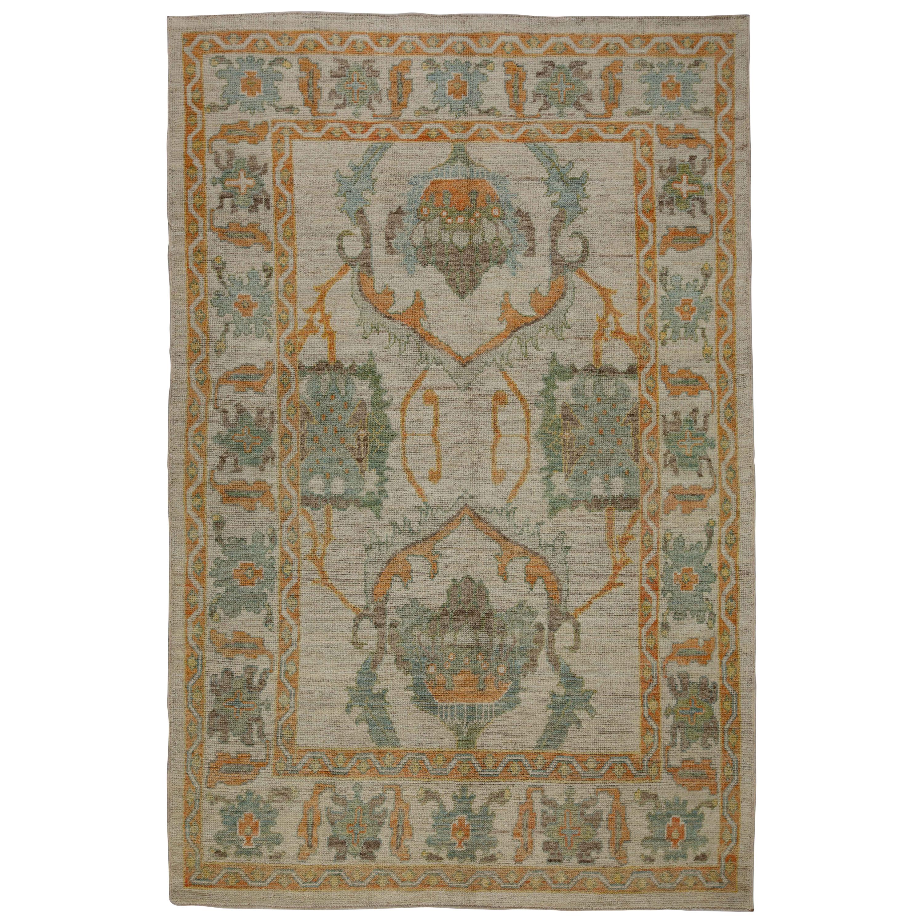 Contemporary Turkish Oushak Rug with Orange and Green Floral Patterns