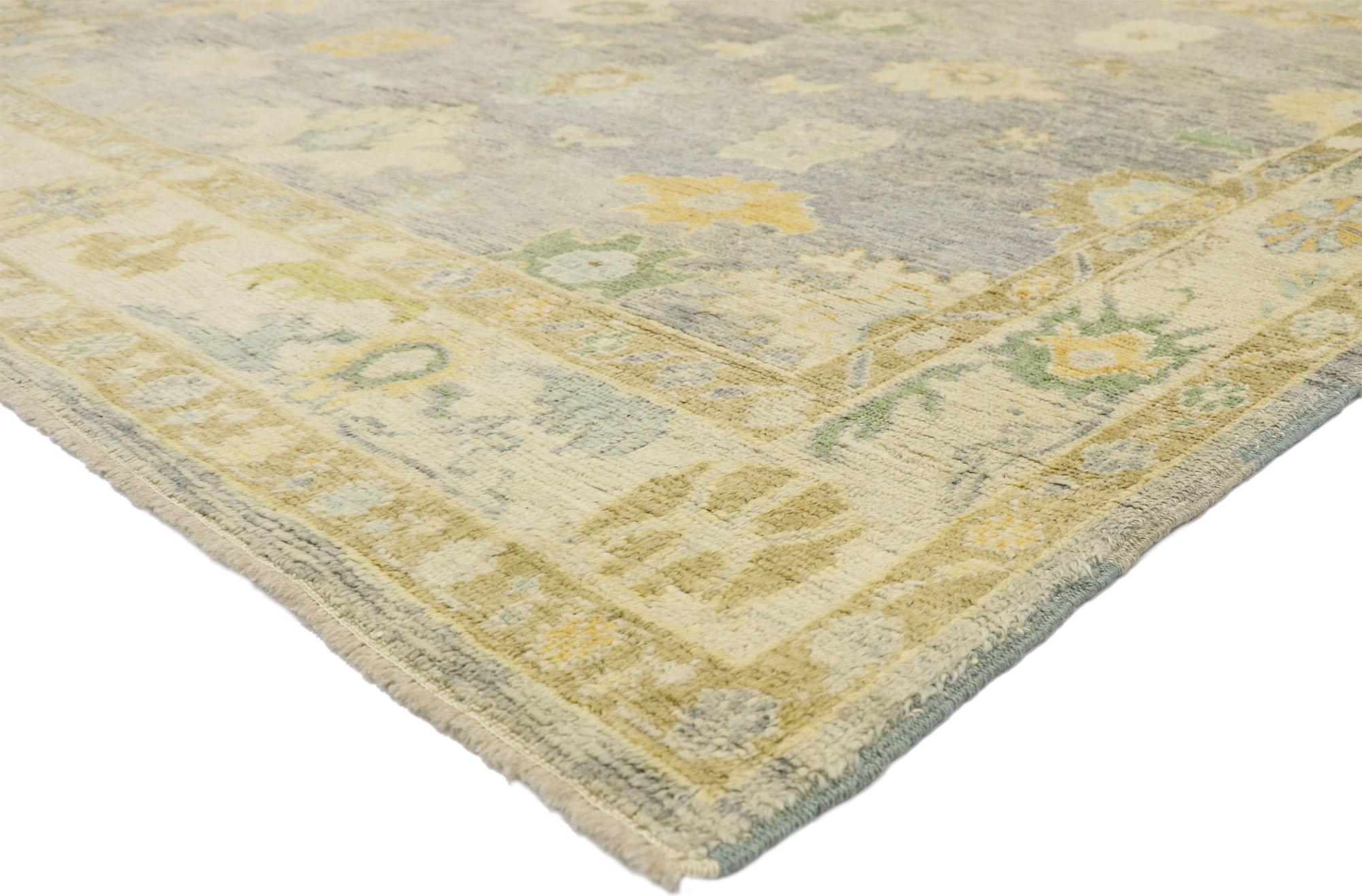 52544, contemporary Turkish Oushak rug with pastel colors and French Transitional style. Highly stylish yet tastefully casual, this new colorful Turkish Oushak rug features an all-over geometric pattern composed of Harshang motifs, blooming