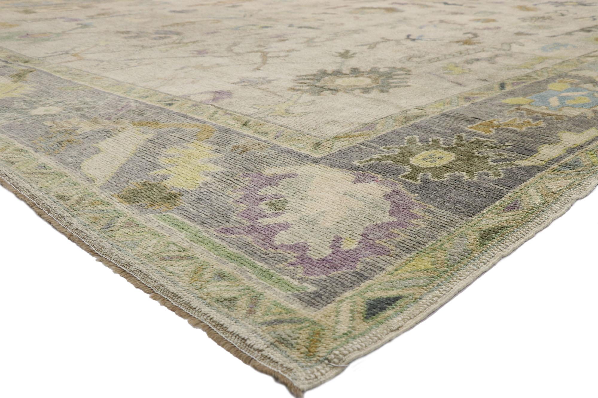 52535, New Contemporary Turkish Oushak Rug with Pastel Colors and French Transitional Style 12'05 x 17'01. Highly stylish yet tastefully casual, this new colorful Turkish Oushak rug features an all-over geometric pattern composed of Harshang motifs,