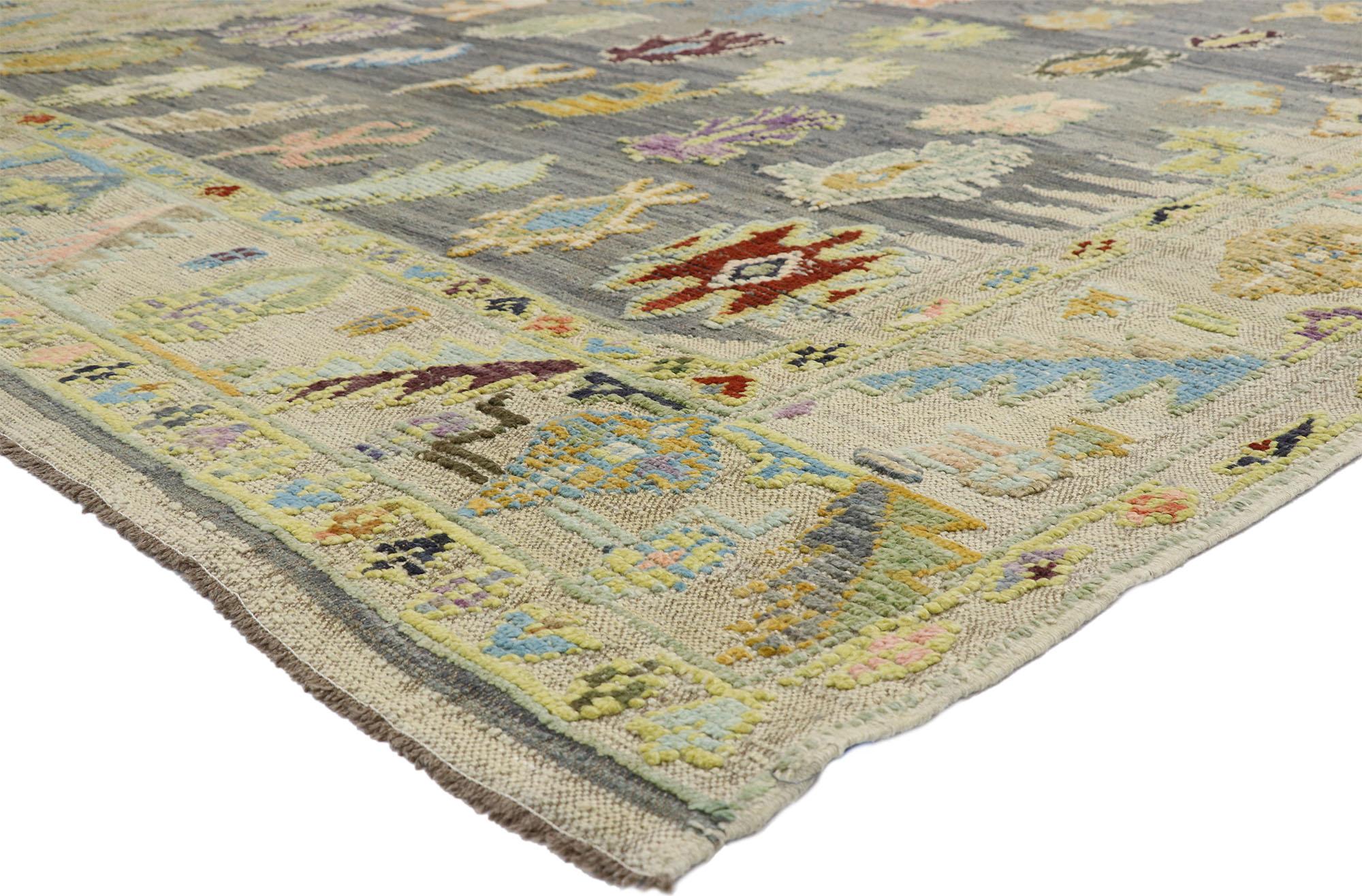 52534 Contemporary Turkish Kilim Souf rug with pastel colors and French Transitional style, Texture Area rug with Raised design. Highly stylish yet tastefully casual, this new colorful Turkish Kilim rug features an all-over raised Oushak pattern