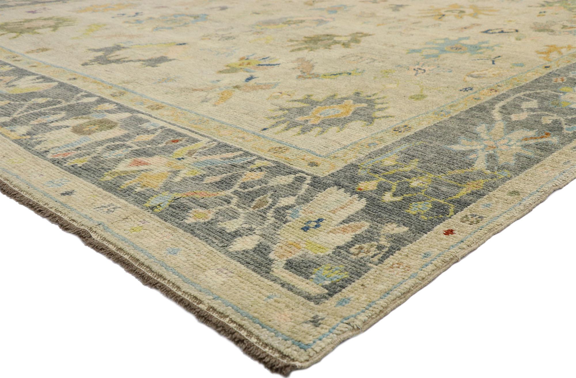 52531, contemporary Turkish Oushak rug with pastel colors and French Transitional style. Highly stylish yet tastefully casual, this new colorful Turkish Oushak rug features an all-over geometric pattern composed of Harshang motifs, tree of life