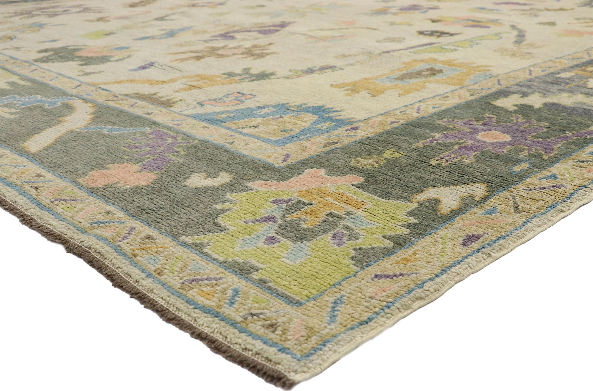 52528, contemporary Turkish Oushak rug with pastel colors and French Transitional style. Highly stylish yet tastefully casual, this new colorful Turkish Oushak rug features an all-over geometric pattern composed of Harshang motifs, blooming