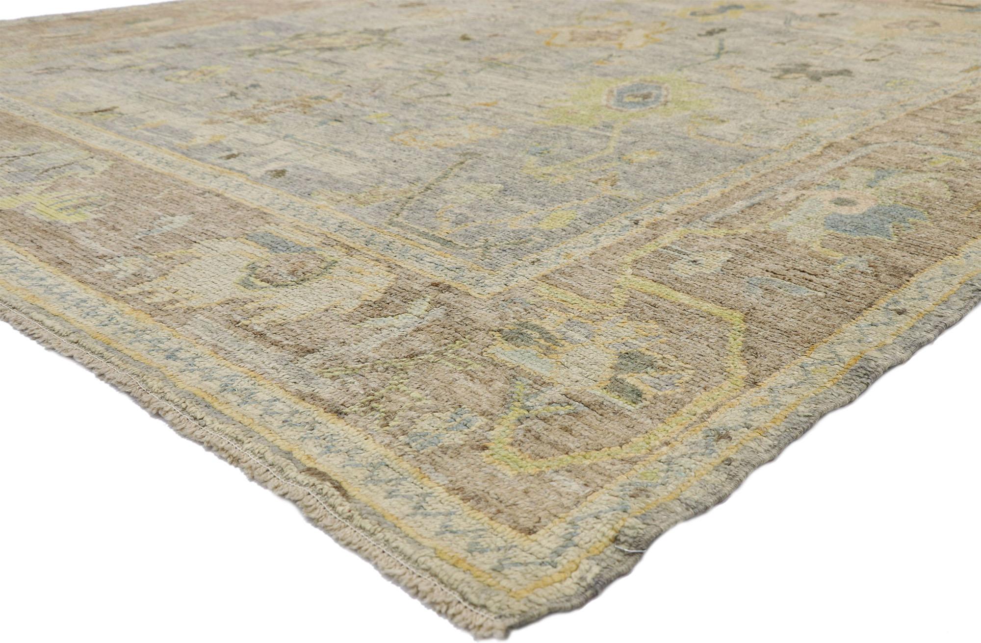 52542, contemporary Turkish Oushak rug with pastel colors and French Transitional style. Highly stylish yet tastefully casual, this new colorful Turkish Oushak rug features an all-over geometric pattern composed of Harshang motifs, blooming