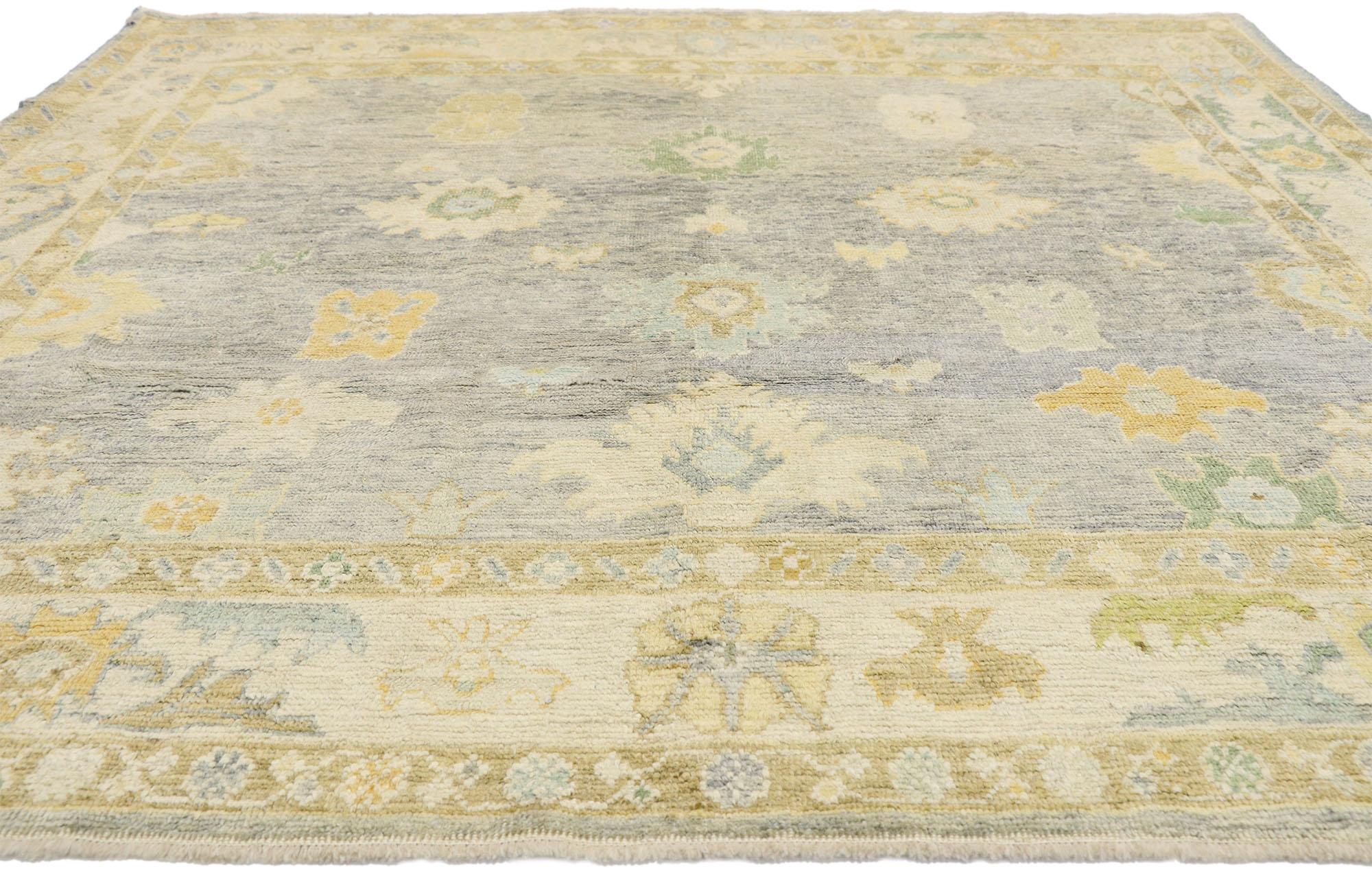 Hand-Knotted Contemporary Turkish Oushak Rug with Pastel Colors and French Transitional Style For Sale