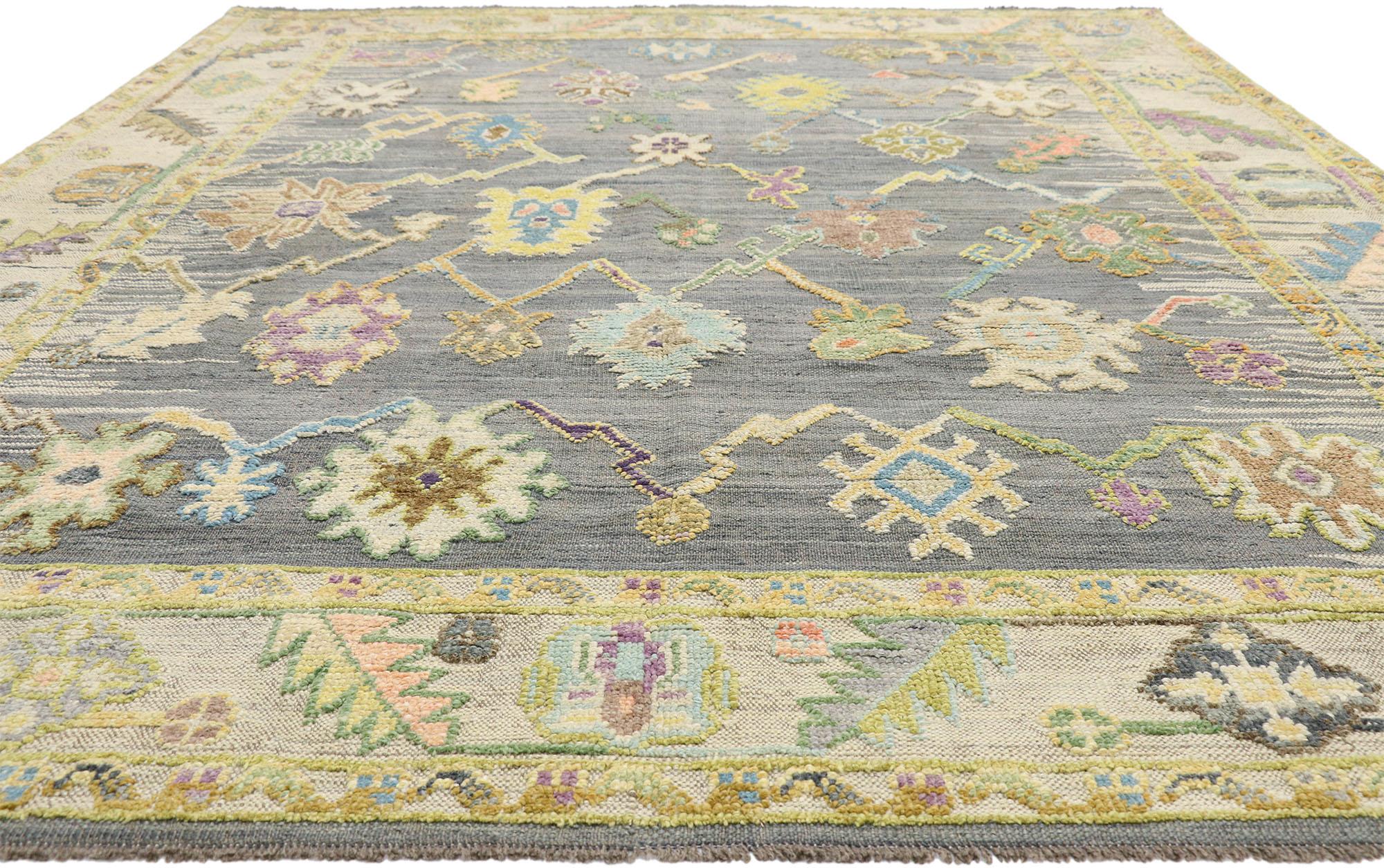 Hand-Knotted Colorful Pastel Oushak High-Low Turkish Rug with Modern Style For Sale