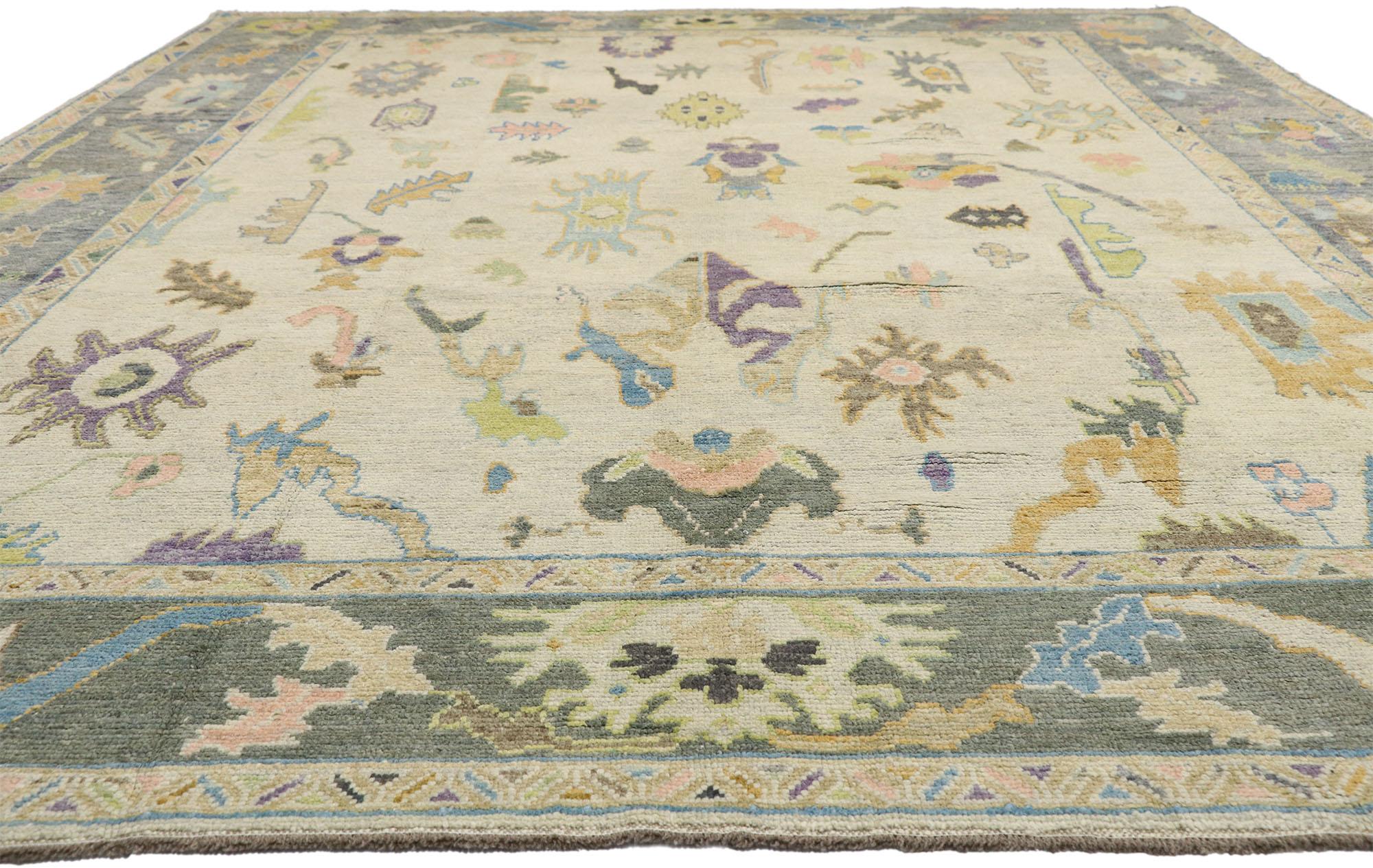 French Provincial Contemporary Turkish Oushak Rug with Pastel Colors and French Transitional Style For Sale