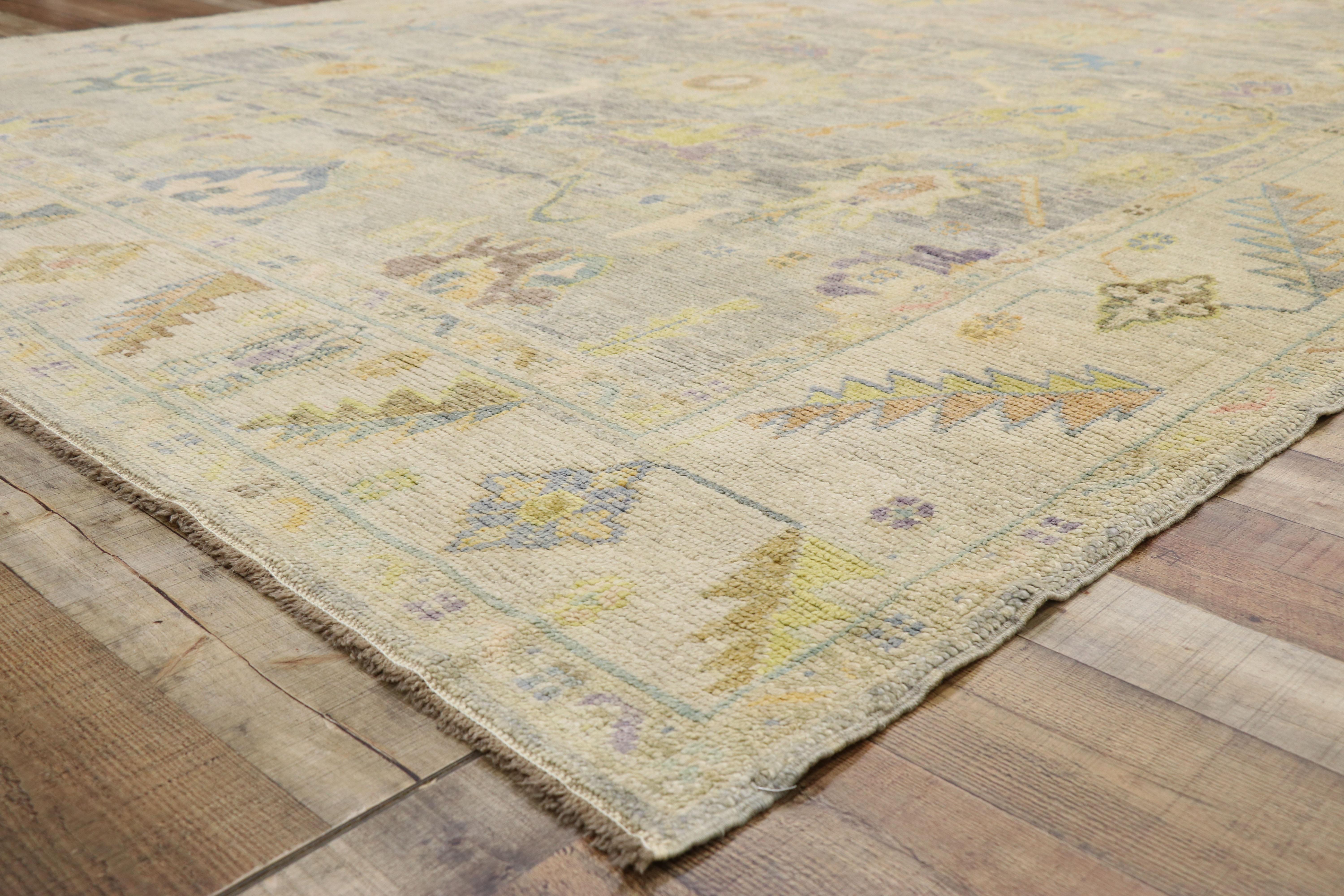 Hand-Knotted Contemporary Turkish Oushak Rug with Pastel Colors and French Transitional Style For Sale
