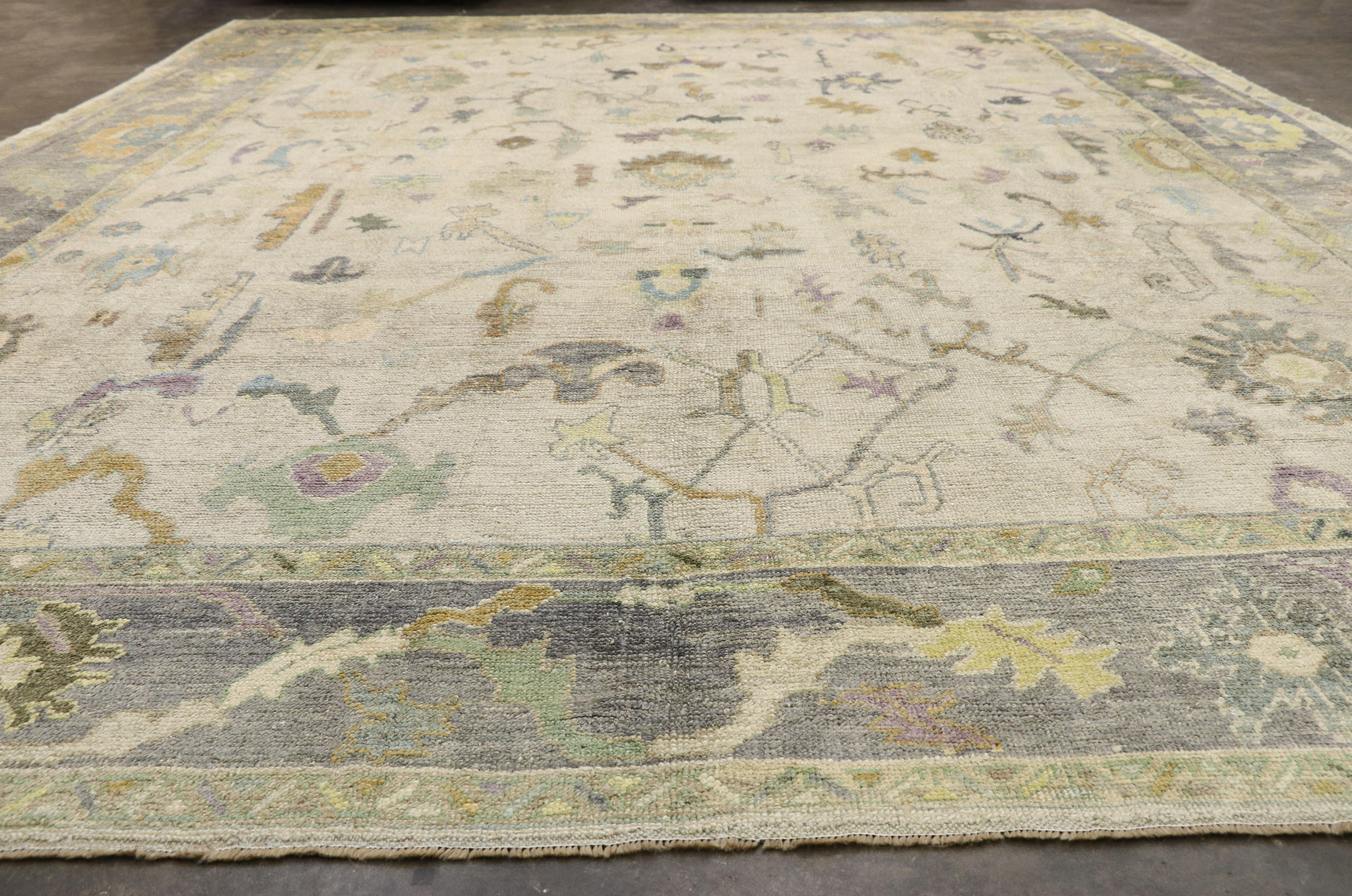 Contemporary Turkish Oushak Rug with Pastel Colors and French Transitional Style 1