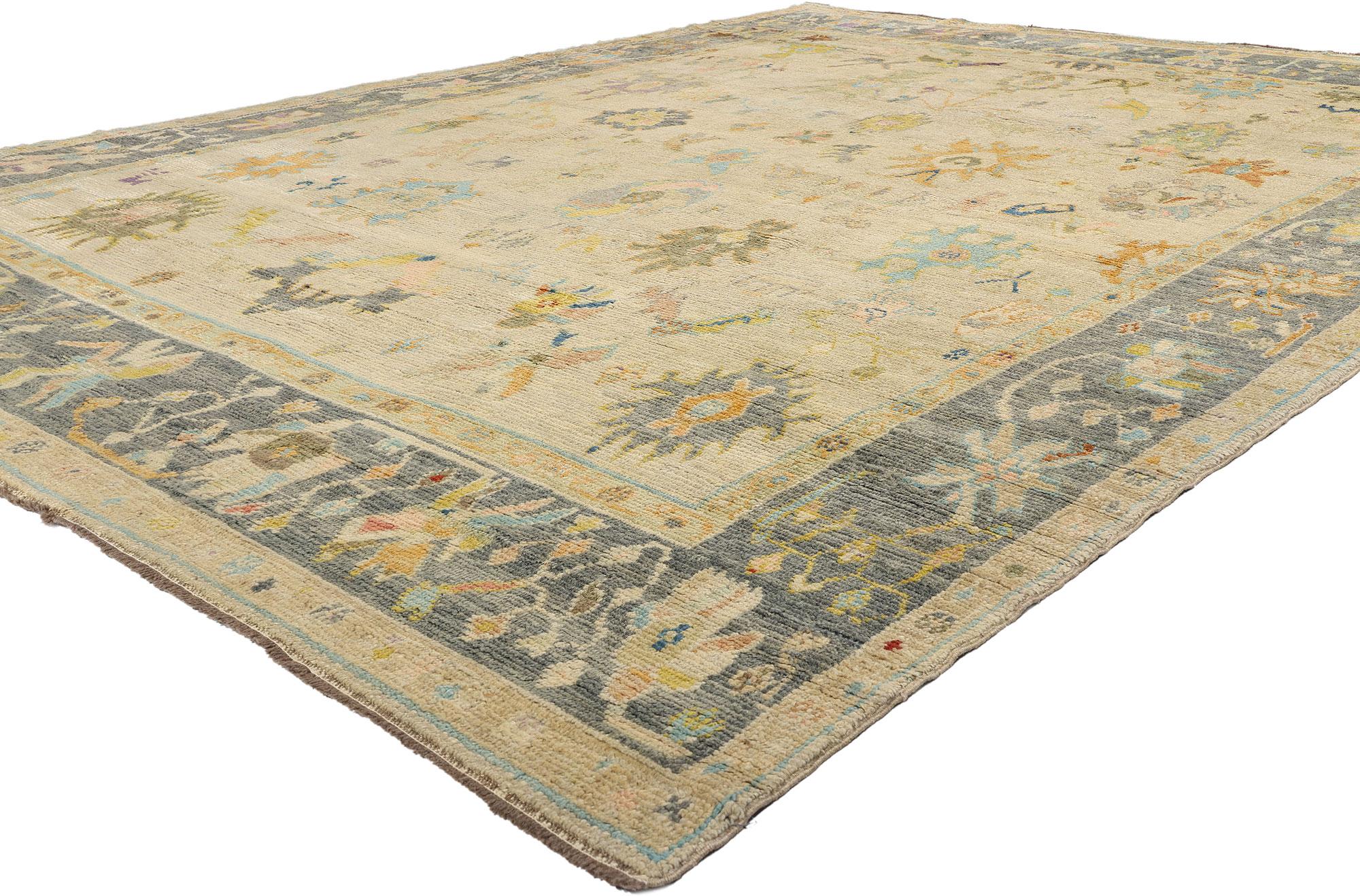 52531 New Colorful Modern Turkish Oushak Rug, 10'03 x 13'09. A masterpiece of artisanal distinction and timeless elegance, this hand-knotted, one-of-a-kind Turkish Oushak rug embodies the heritage craftsmanship of Anatolia while unveiling a fresh