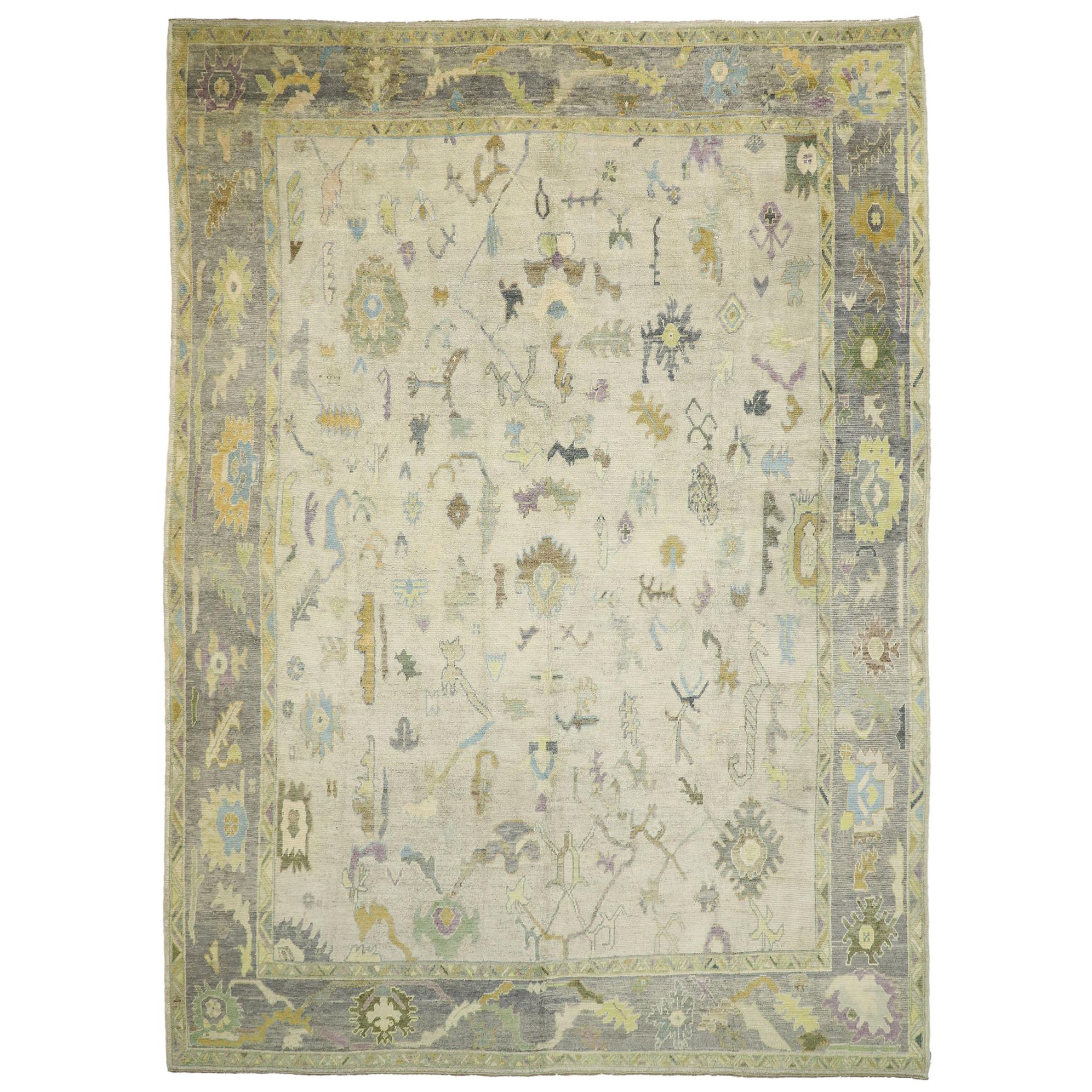 Contemporary Turkish Oushak Rug with Pastel Colors and French Transitional Style