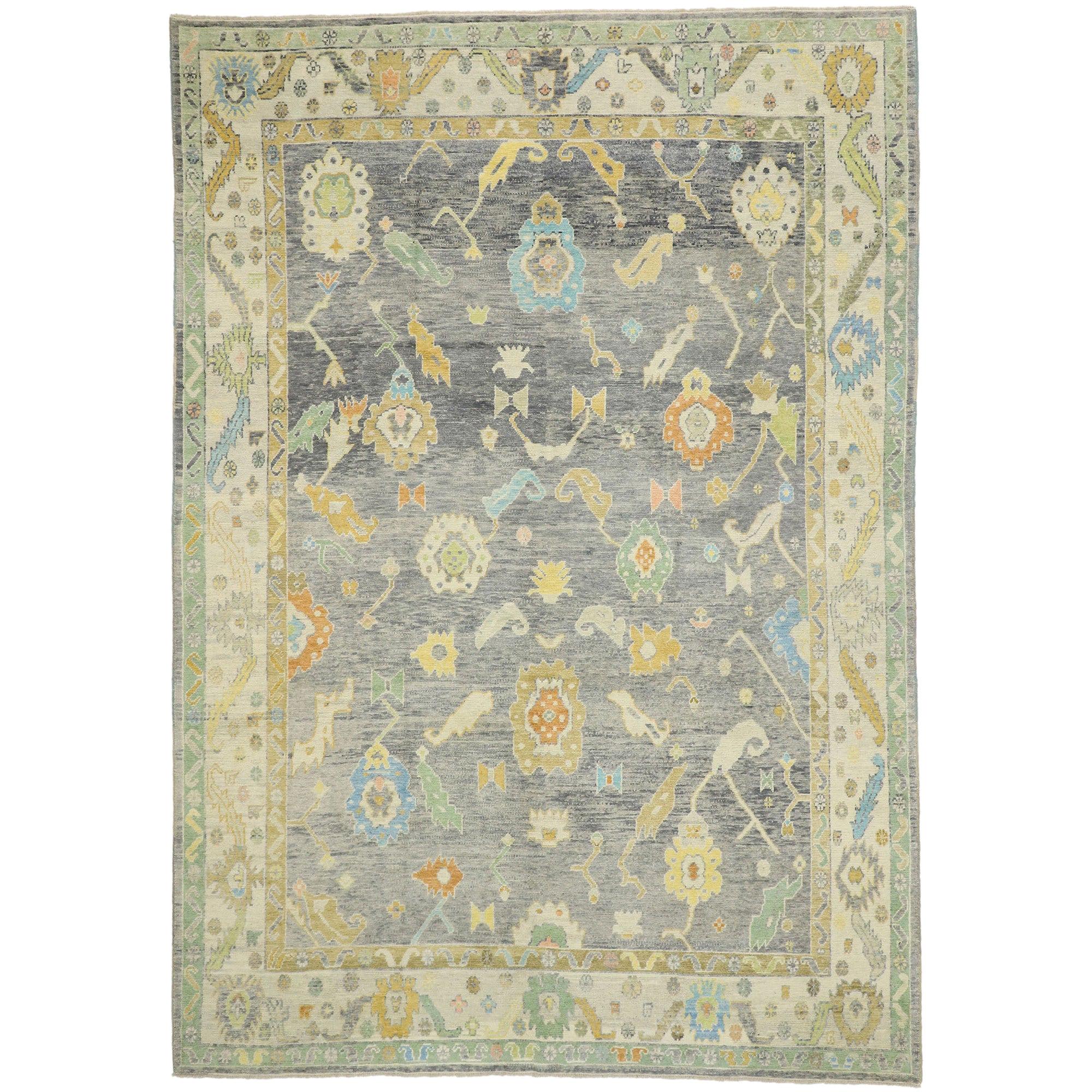 Contemporary Turkish Oushak Rug with Pastel Colors and French Transitional Style