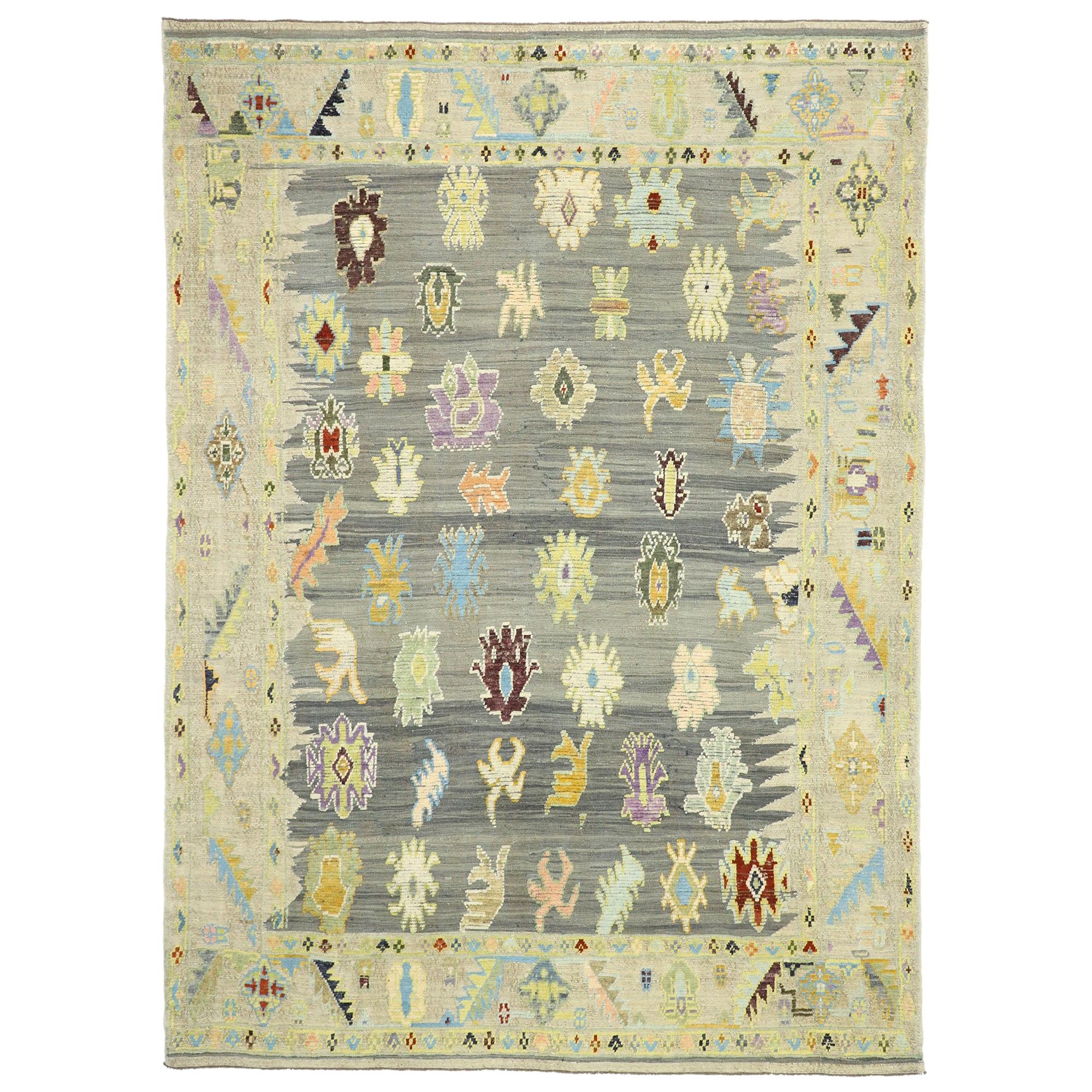 Contemporary Turkish Kilim Souf Rug with Pastel Colors and French Style