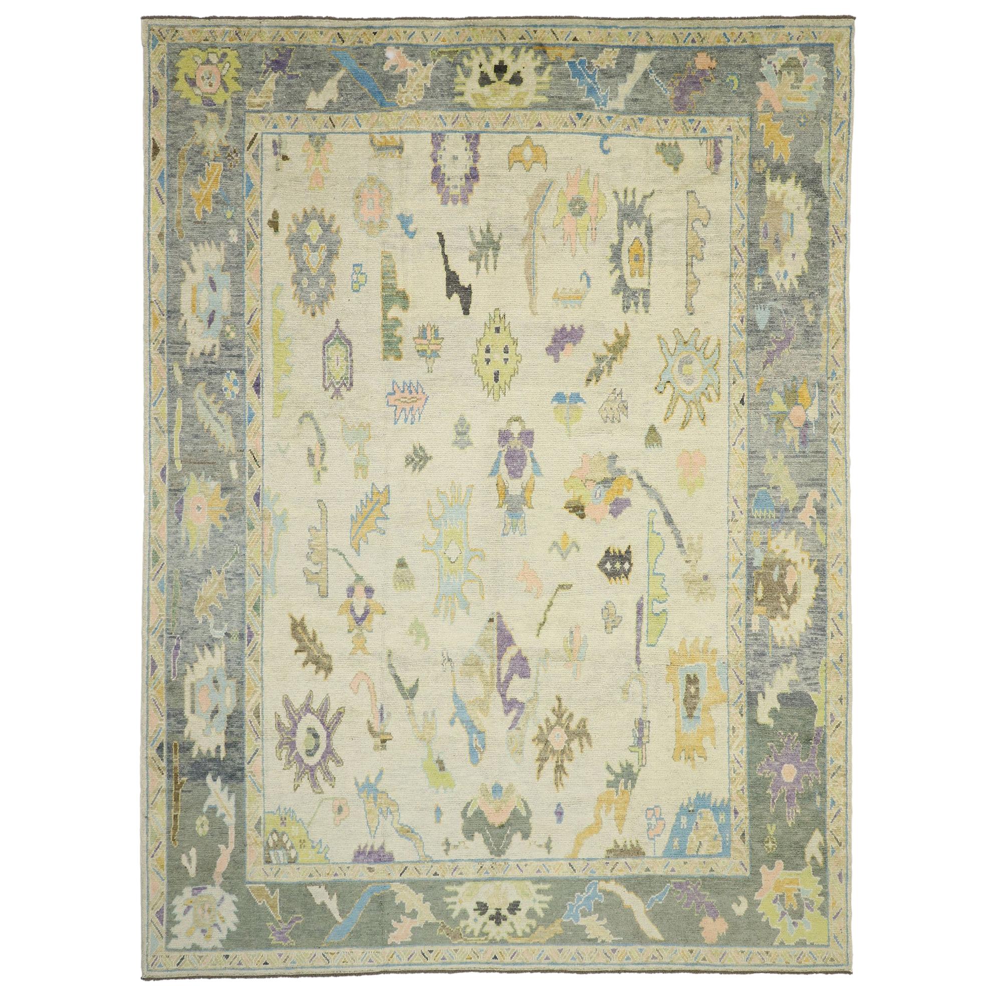 Contemporary Turkish Oushak Rug with Pastel Colors and French Transitional Style