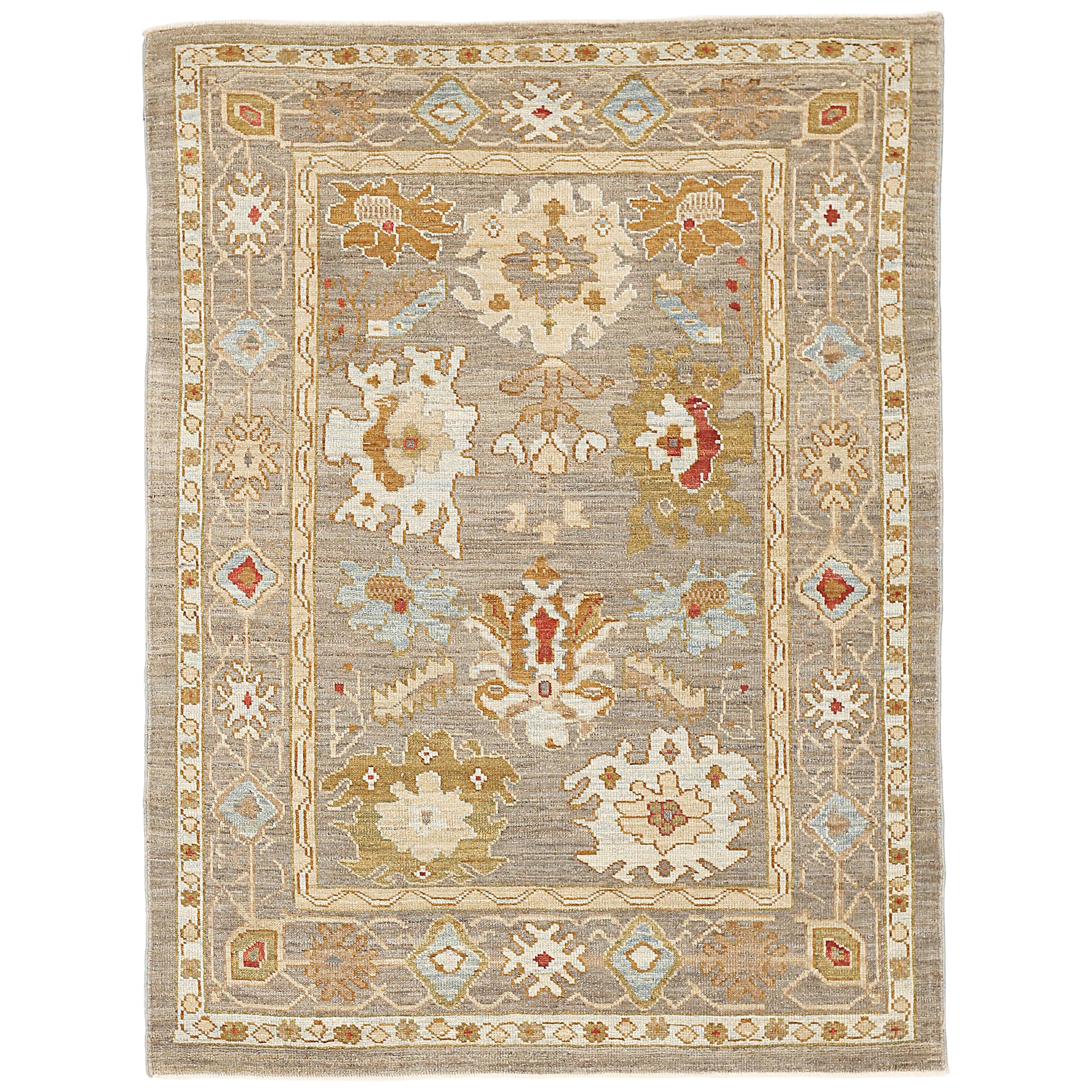 Contemporary Turkish Oushak Rug with Red & Brown Floral Motifs on Gray Field For Sale