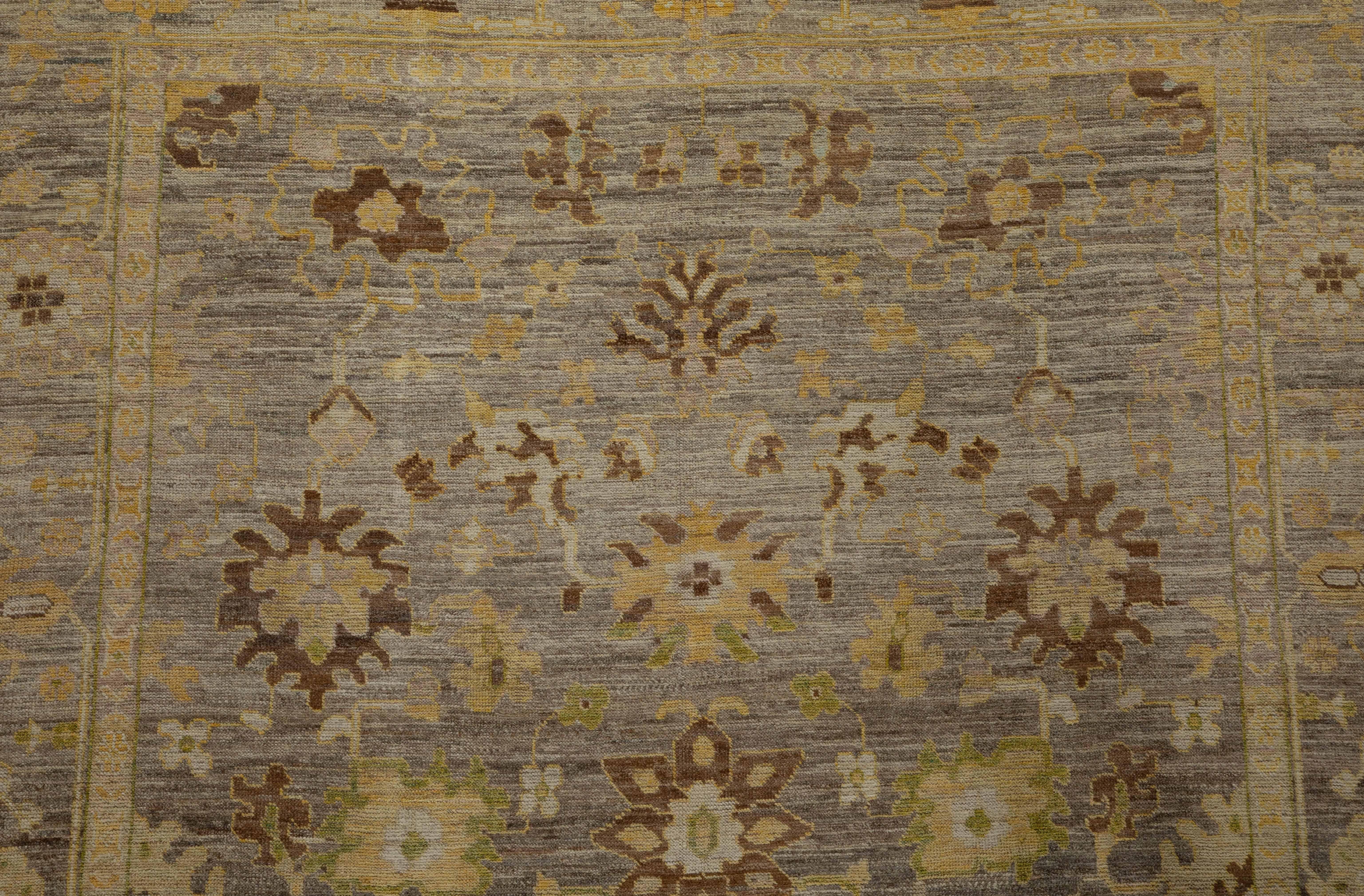 Contemporary Turkish Oushak Rug with Rustic Floral Theme in Brown and Beige For Sale 1