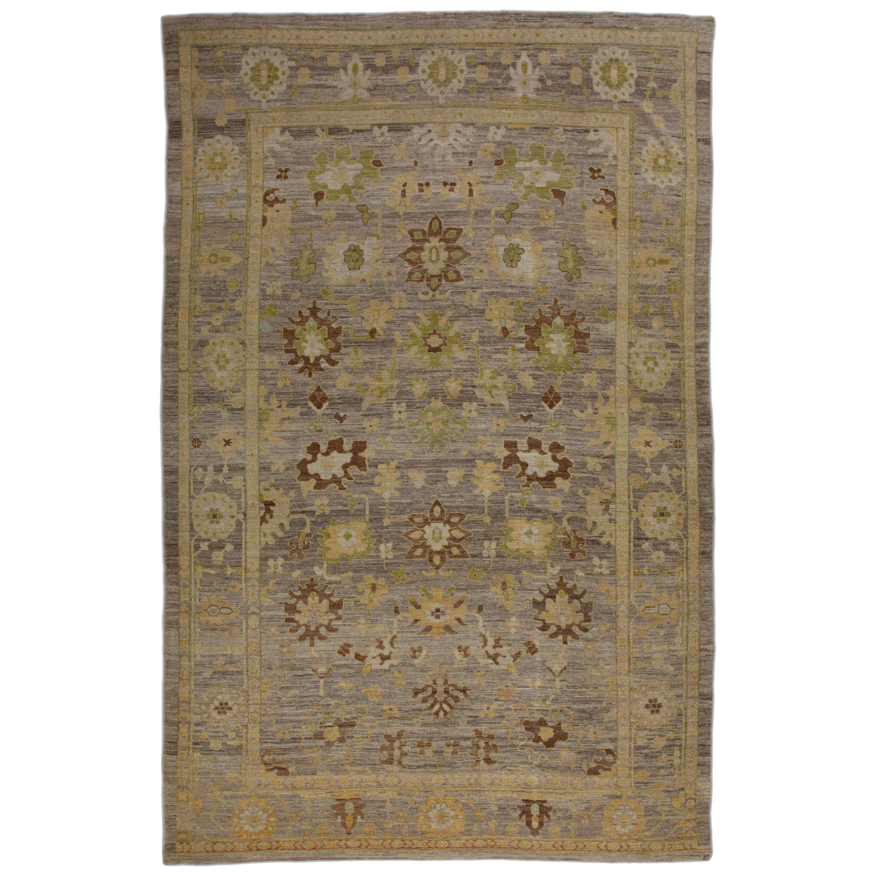 Contemporary Turkish Oushak Rug with Rustic Floral Theme in Brown and Beige For Sale