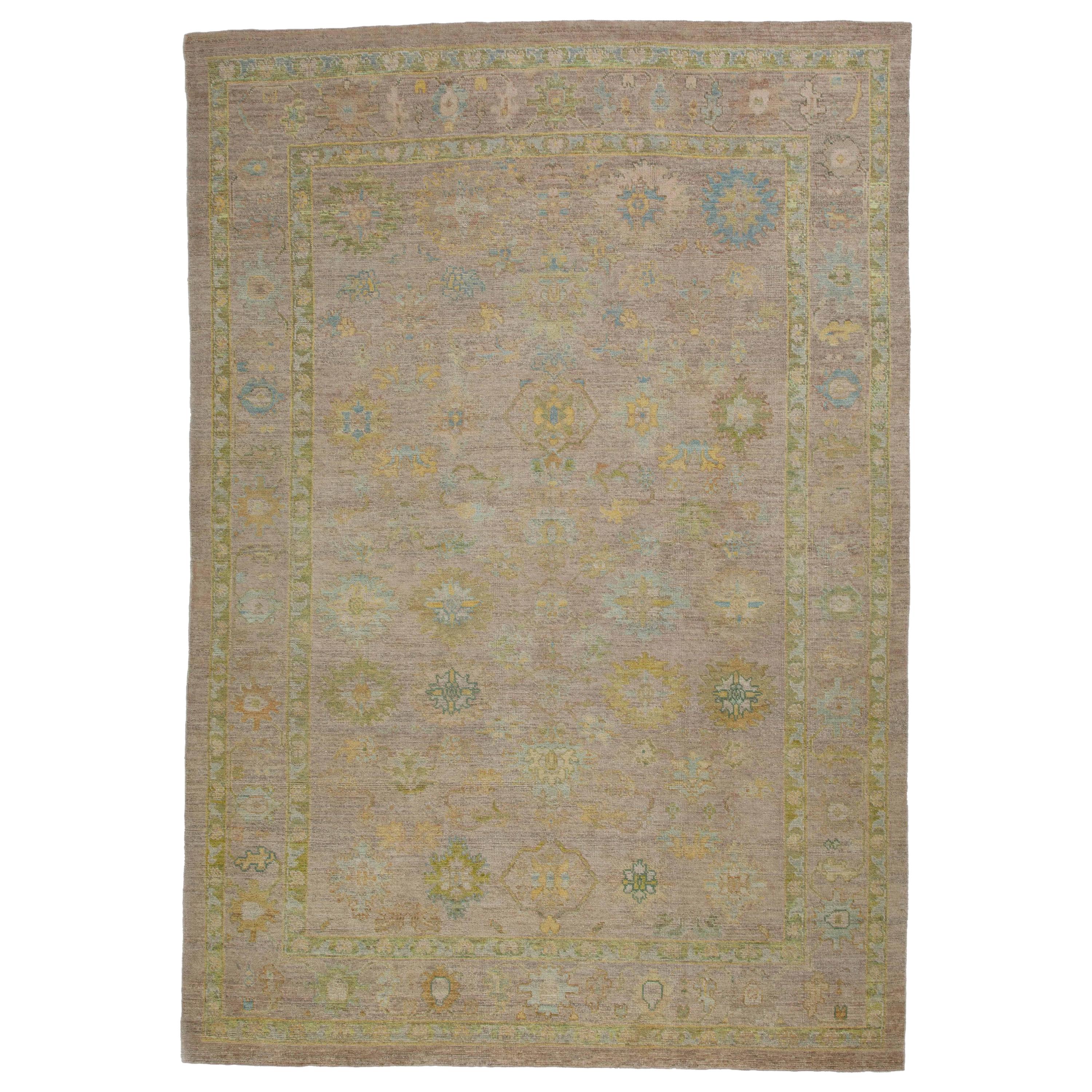 Contemporary Turkish Oushak Rug with Scattered Multicolored Floral Details For Sale