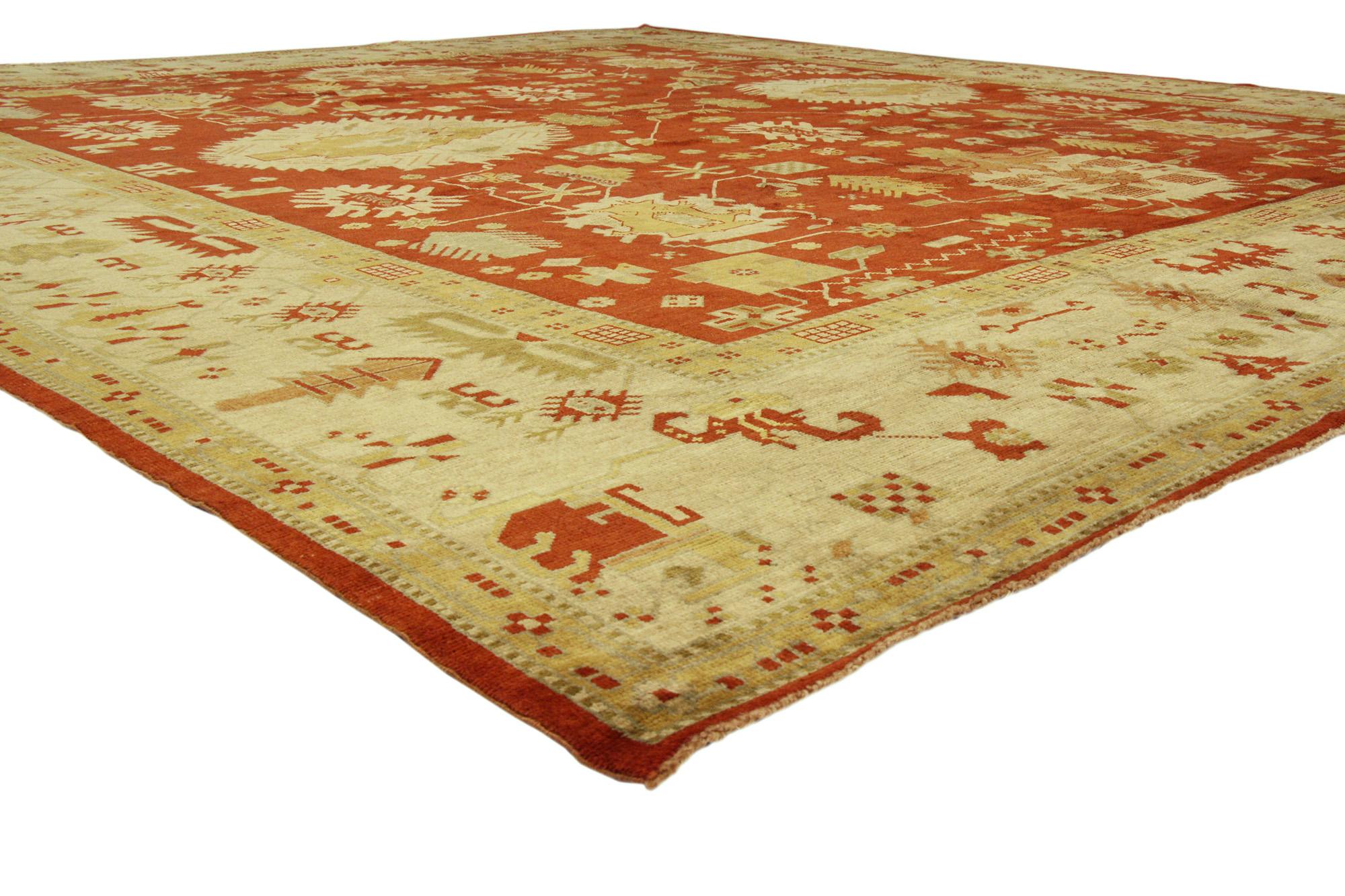 74066 Modern Red Turkish Oushak Rug, 13'04 x 15'02. In this hand-knotted wool modern Turkish Oushak rug, contemporary elegance intertwines seamlessly with Anatolian charm, creating a captivating fusion of styles. Across an abrashed rustic red
