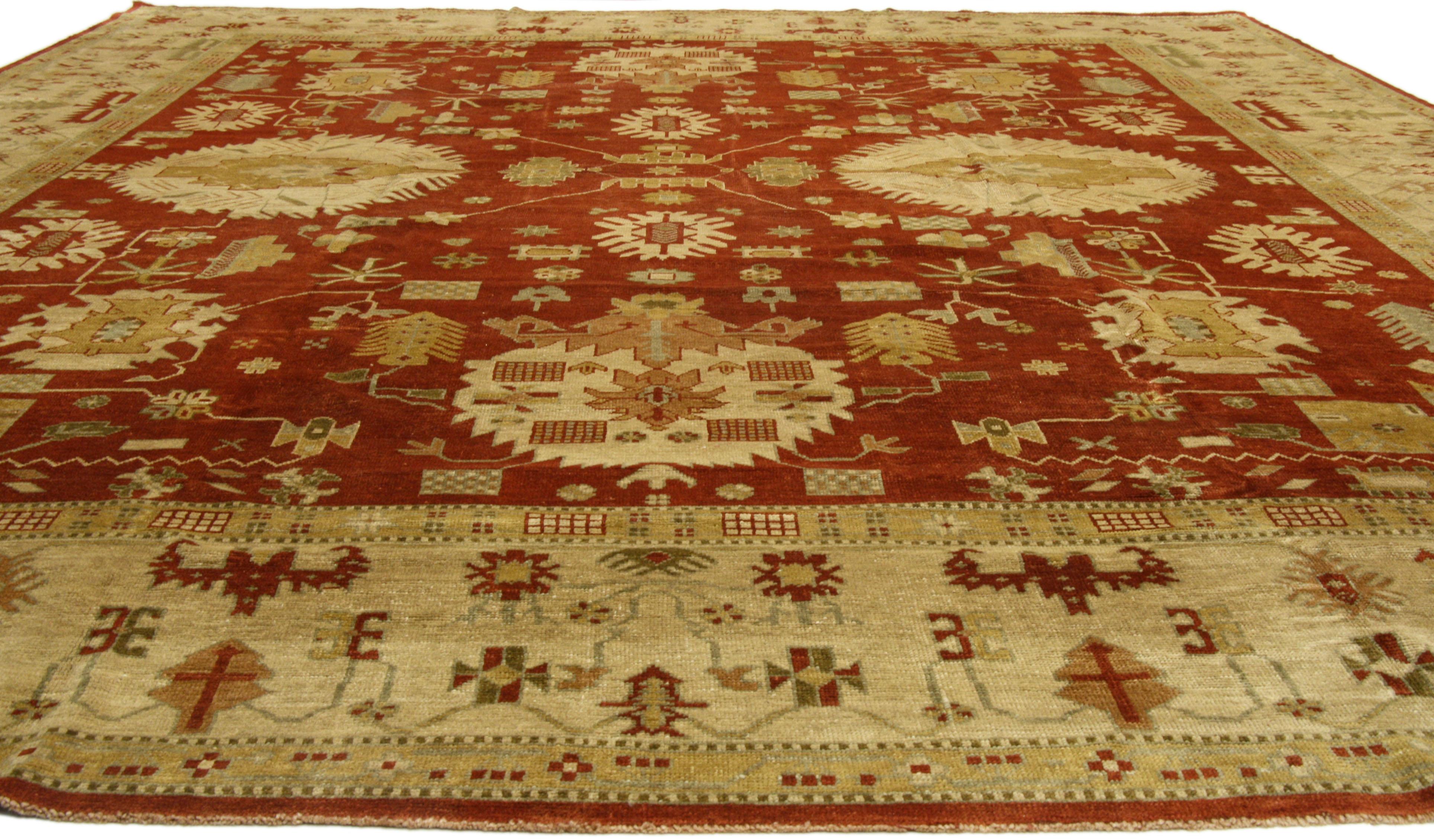 Wool New Contemporary Red Turkish Oushak Rug, 13'04 X 15'02 For Sale