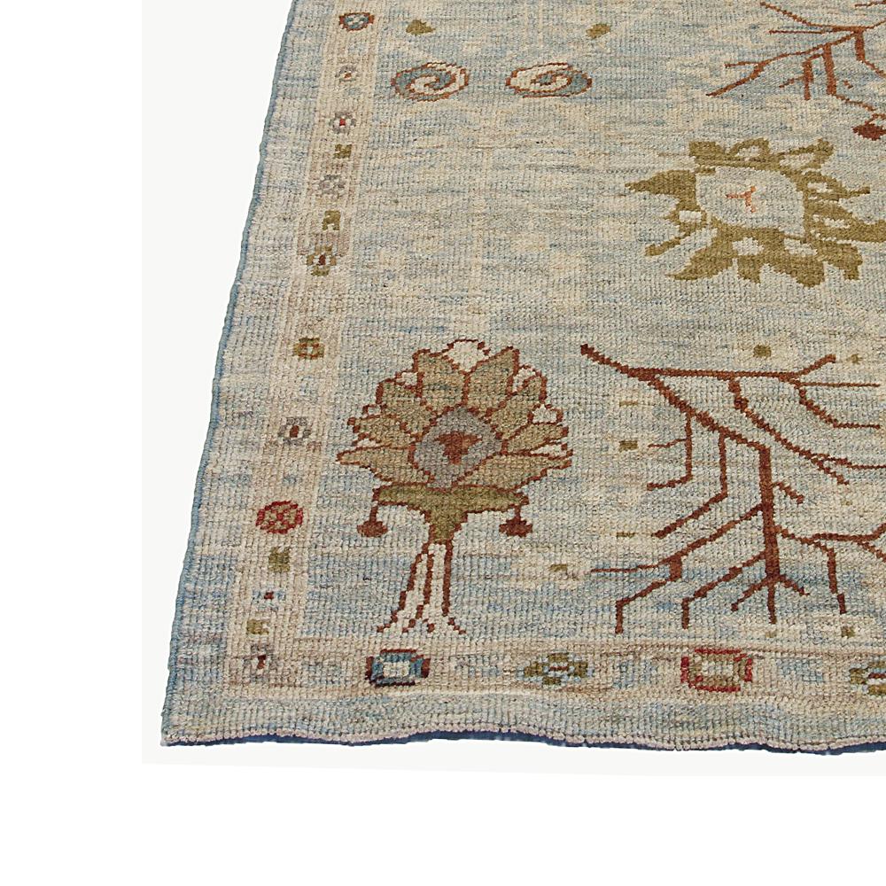 Contemporary Turkish Oushak Runner Rug with Red and Blue Floral Motifs In New Condition In Dallas, TX