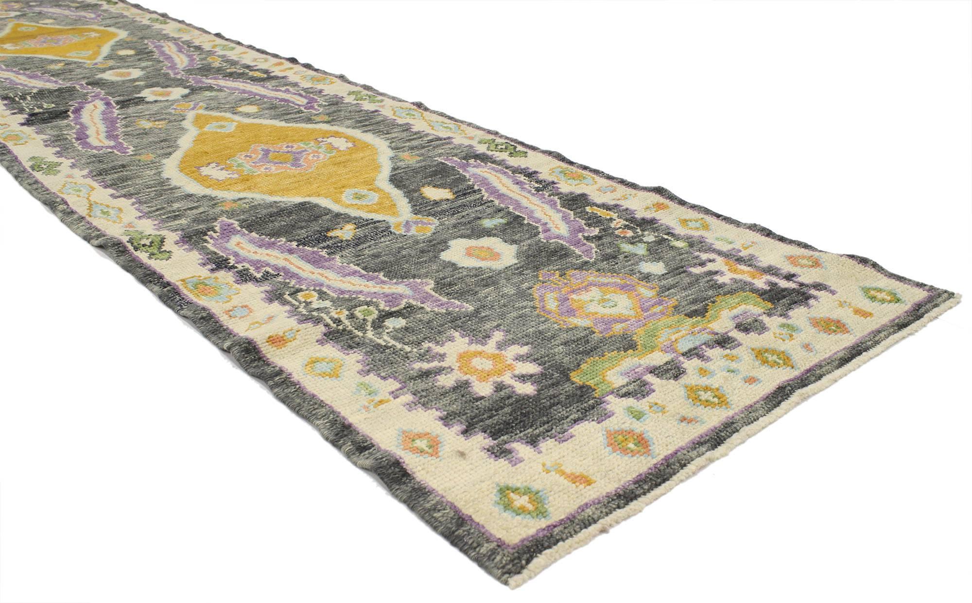 52254, contemporary Turkish Oushak runner with modern style. Highly stylish yet modern eclectic, this contemporary Turkish Oushak runner is ideal for nearly any fashion-forward home. This timeless Oushak design has been given a twist to effortlessly