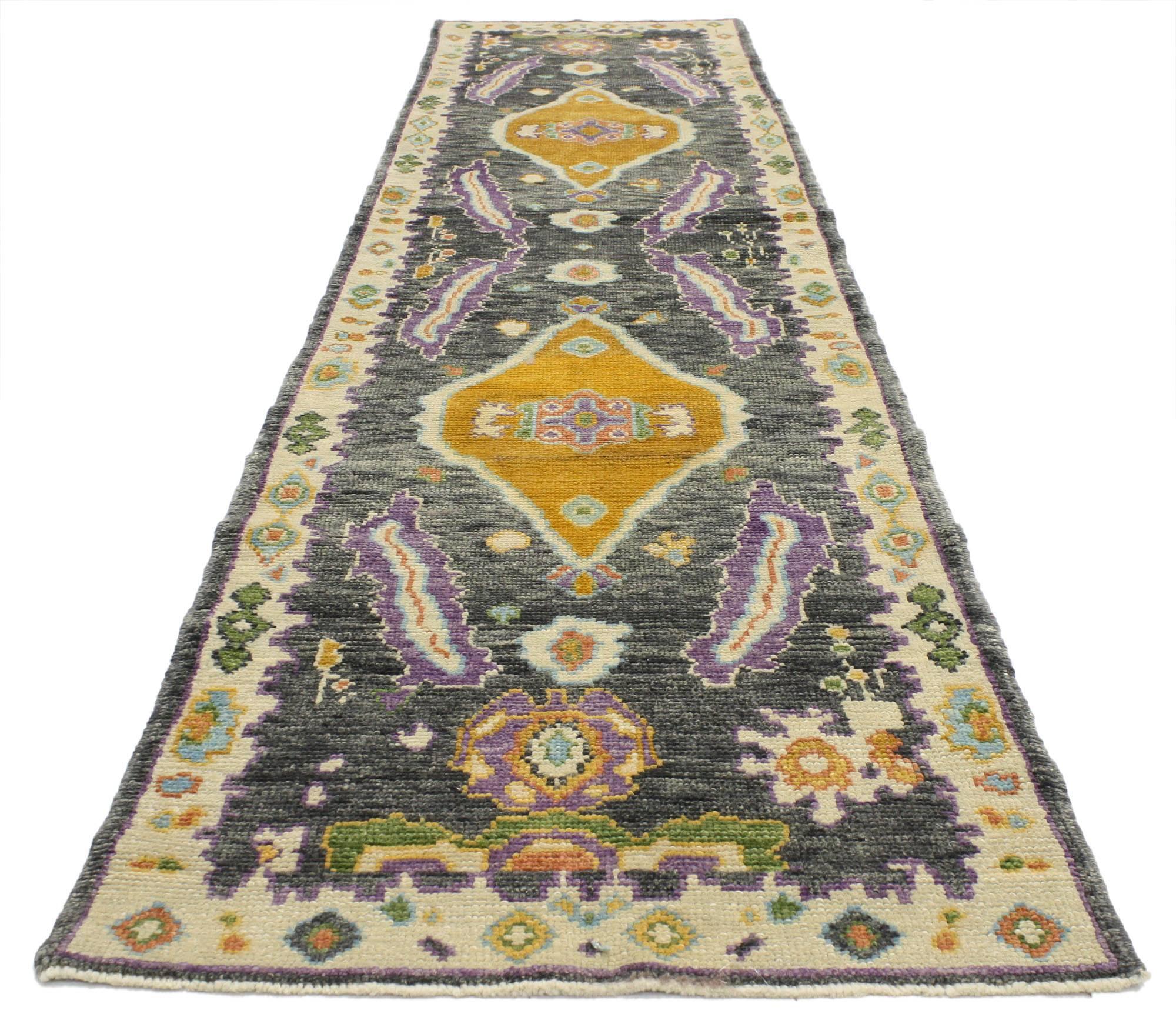 Hand-Knotted Contemporary Turkish Oushak Runner with Modern Eclectic Style