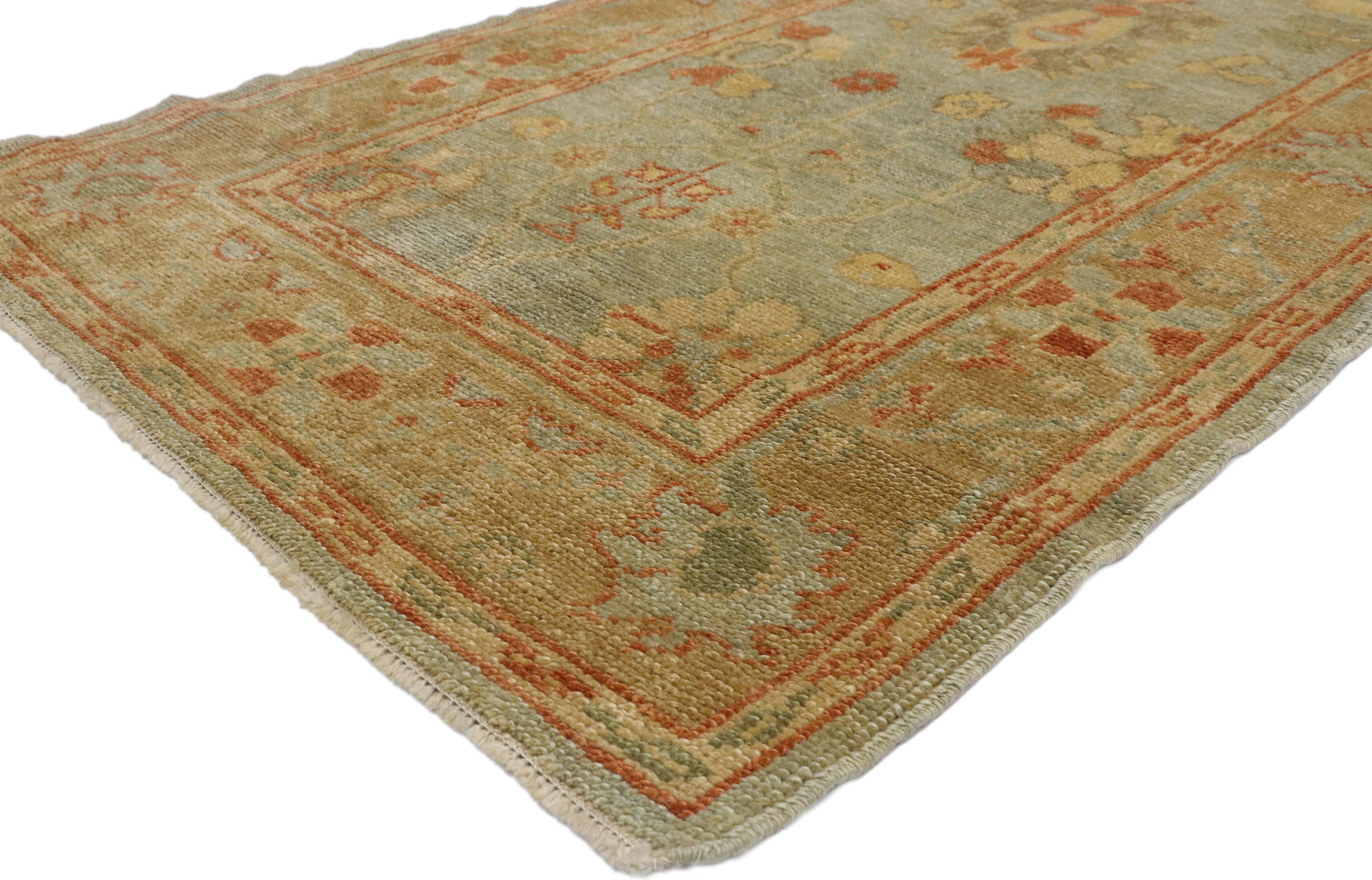 50539 New Contemporary Turkish Oushak Runner with Warm, Mediterranean Style. With its hues in harmony inspired by warm, Mediterranean style, this hand knotted wool contemporary Turkish Oushak runner is well-balanced and poised to impress. It