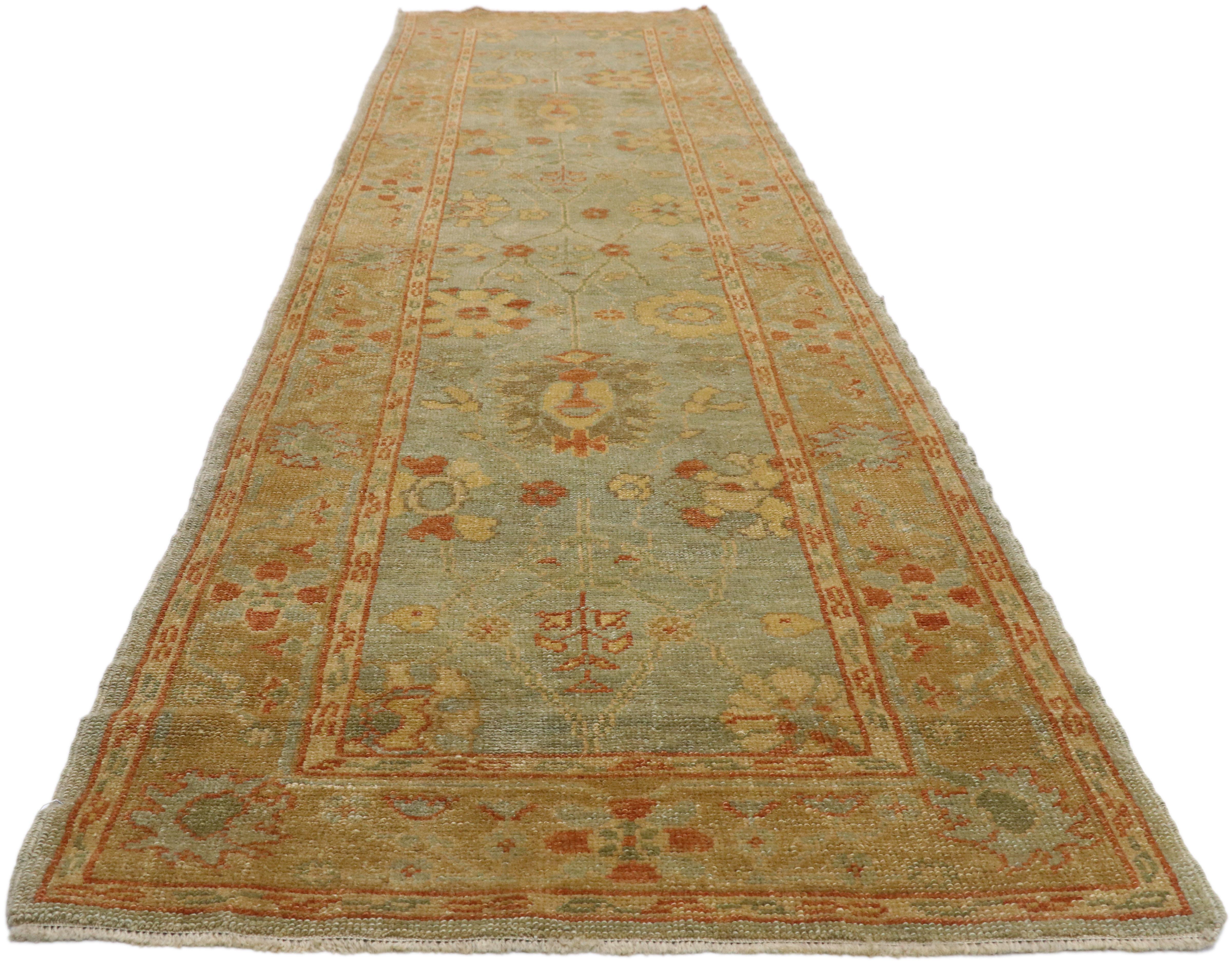 Hand-Knotted New Contemporary Turkish Oushak Runner with Warm, Mediterranean Style For Sale